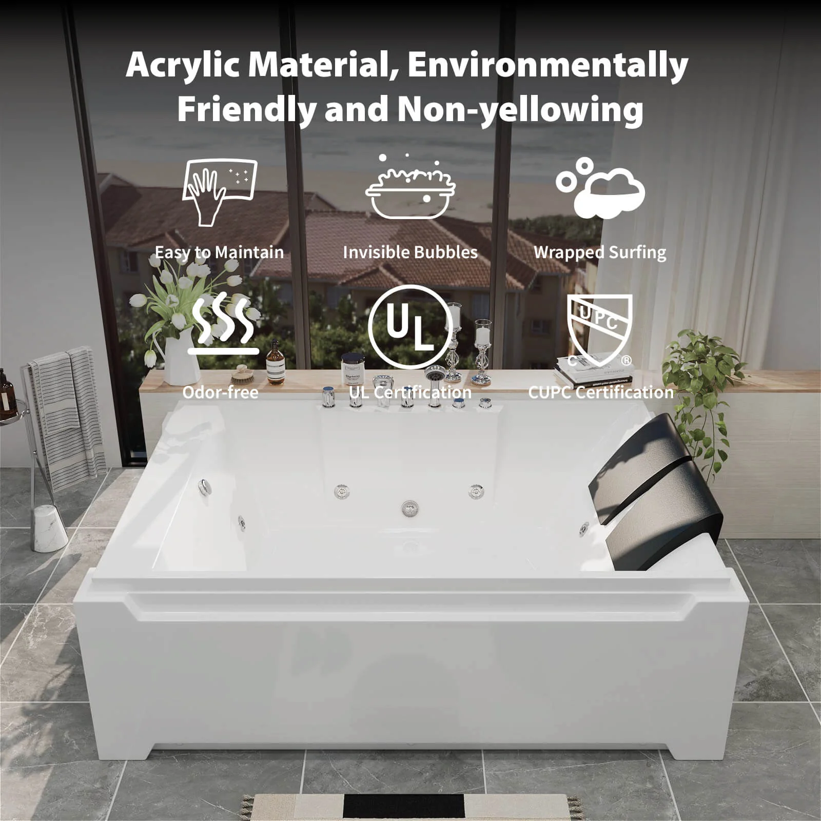 73" 2 Person Whirlpool Tub with 8 Jets, Hydro Massage & Chromatherapy, Includes Faucet & Bath Pillow - Image 8