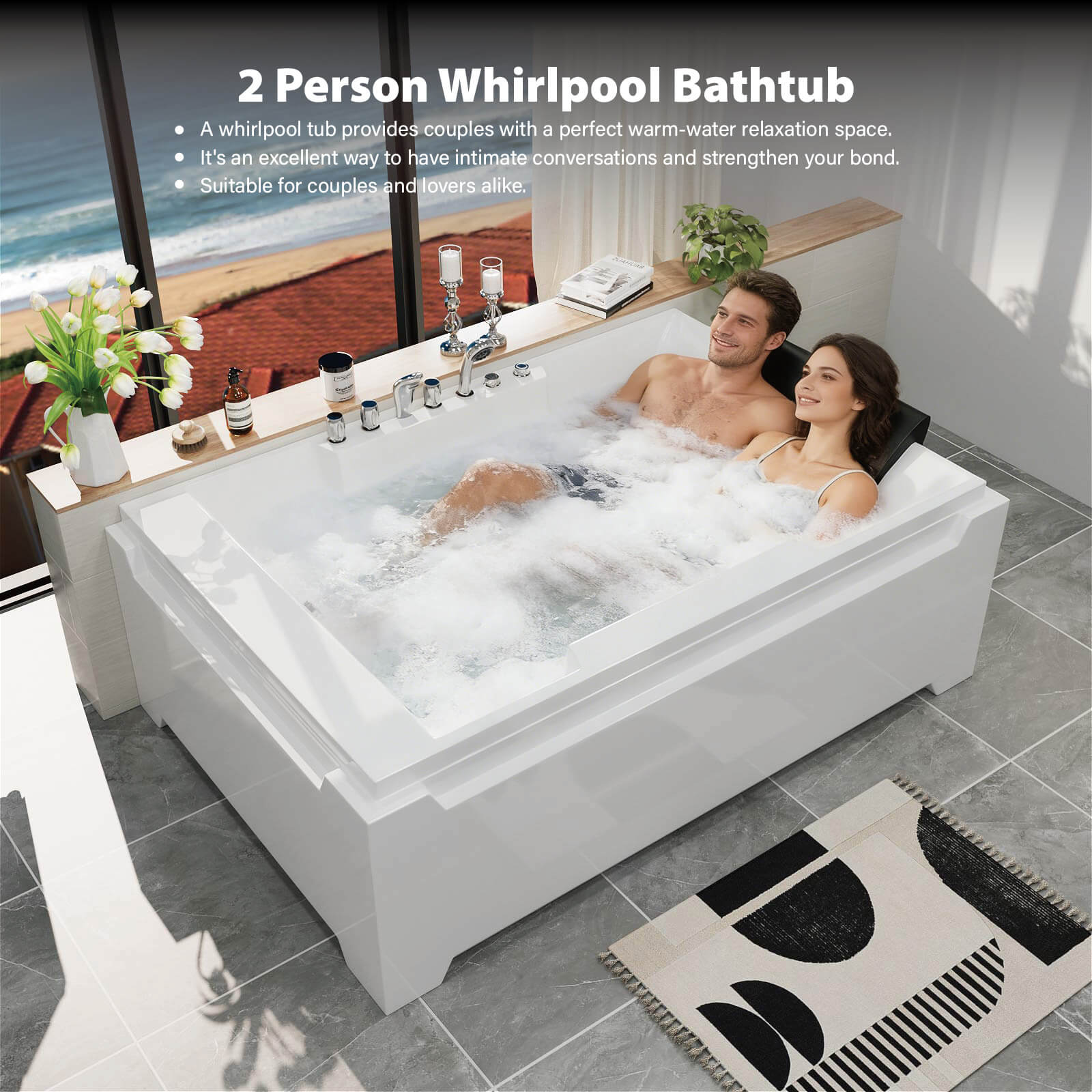 73" 2 Person Whirlpool Tub with 8 Jets, Hydro Massage & Chromatherapy, Includes Faucet & Bath Pillow - Image 9