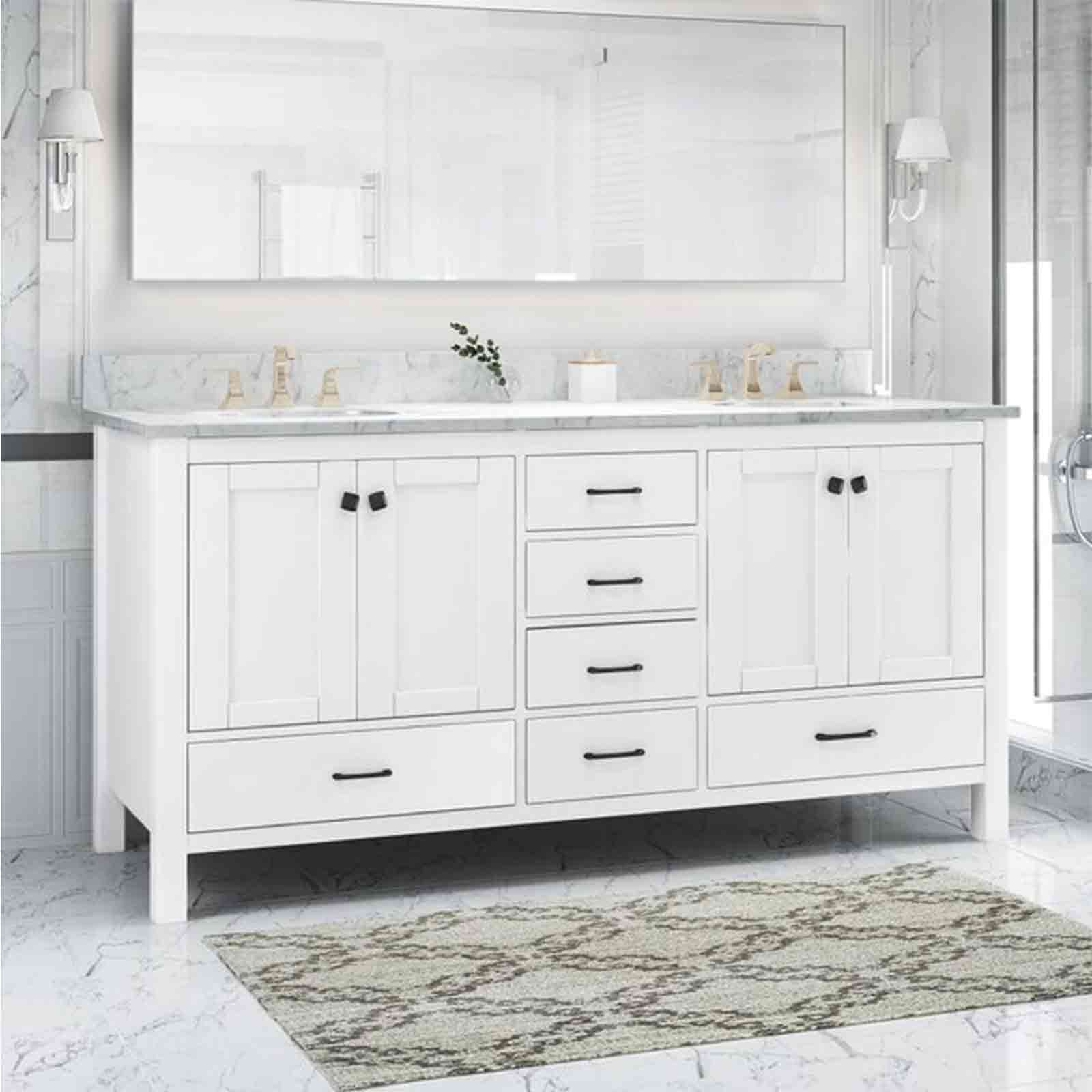 73" White Poplar Wood Bathroom Vanity with 6 Drawers