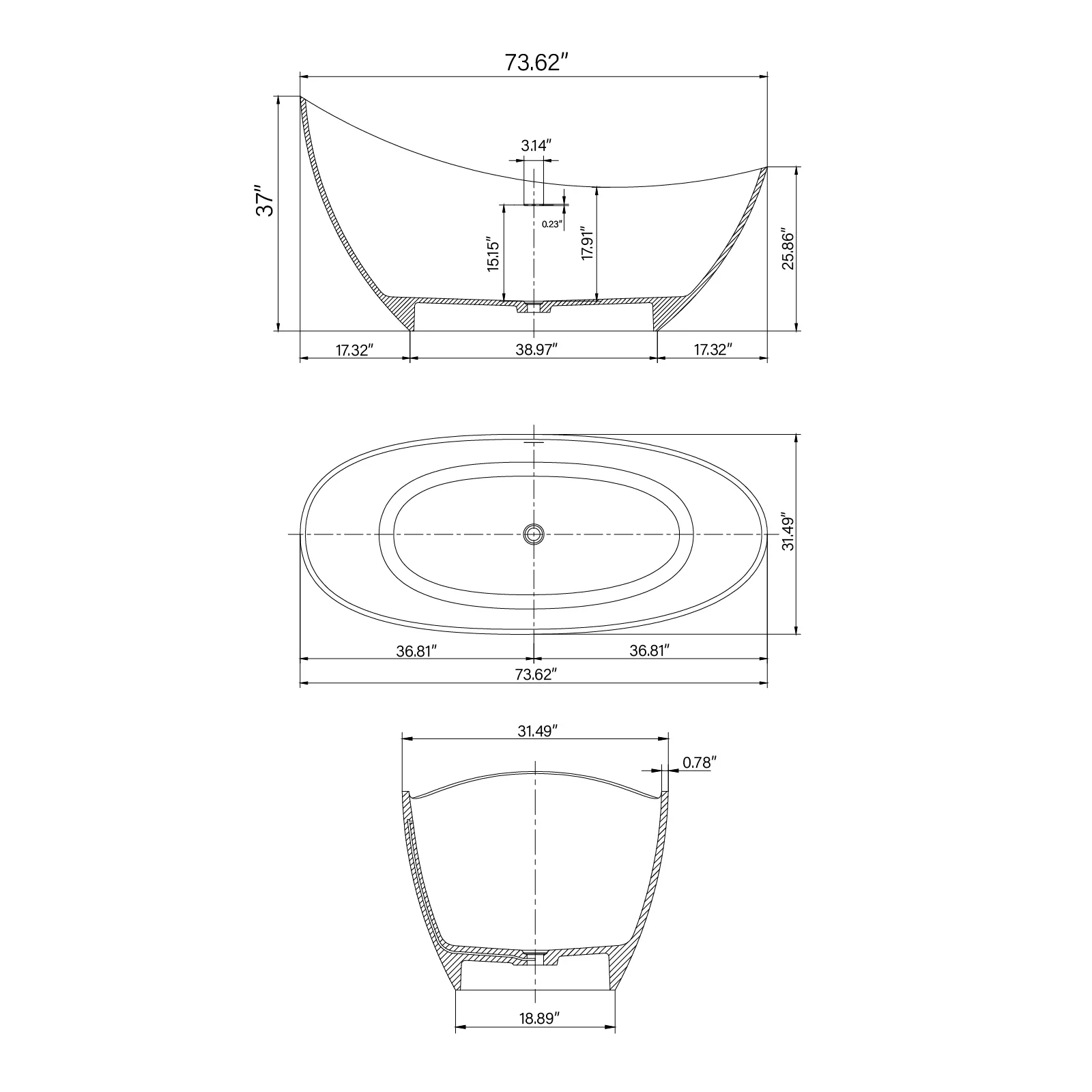 74" Stone Resin Freestanding Slipper Bathtub with Ink Floral Design - Image 7