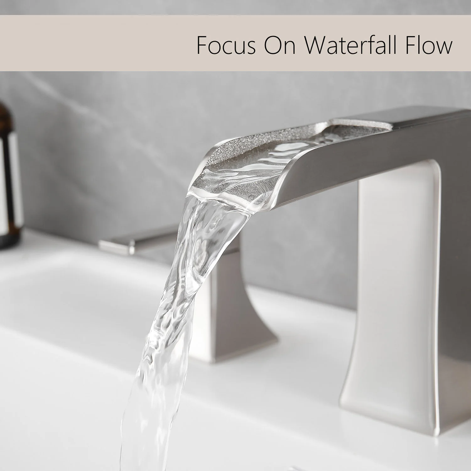 8 Inch 3 Hole Brushed Nickel Waterfall Bathroom Faucet with 2 Handle and Pop Up Drain - Image 2