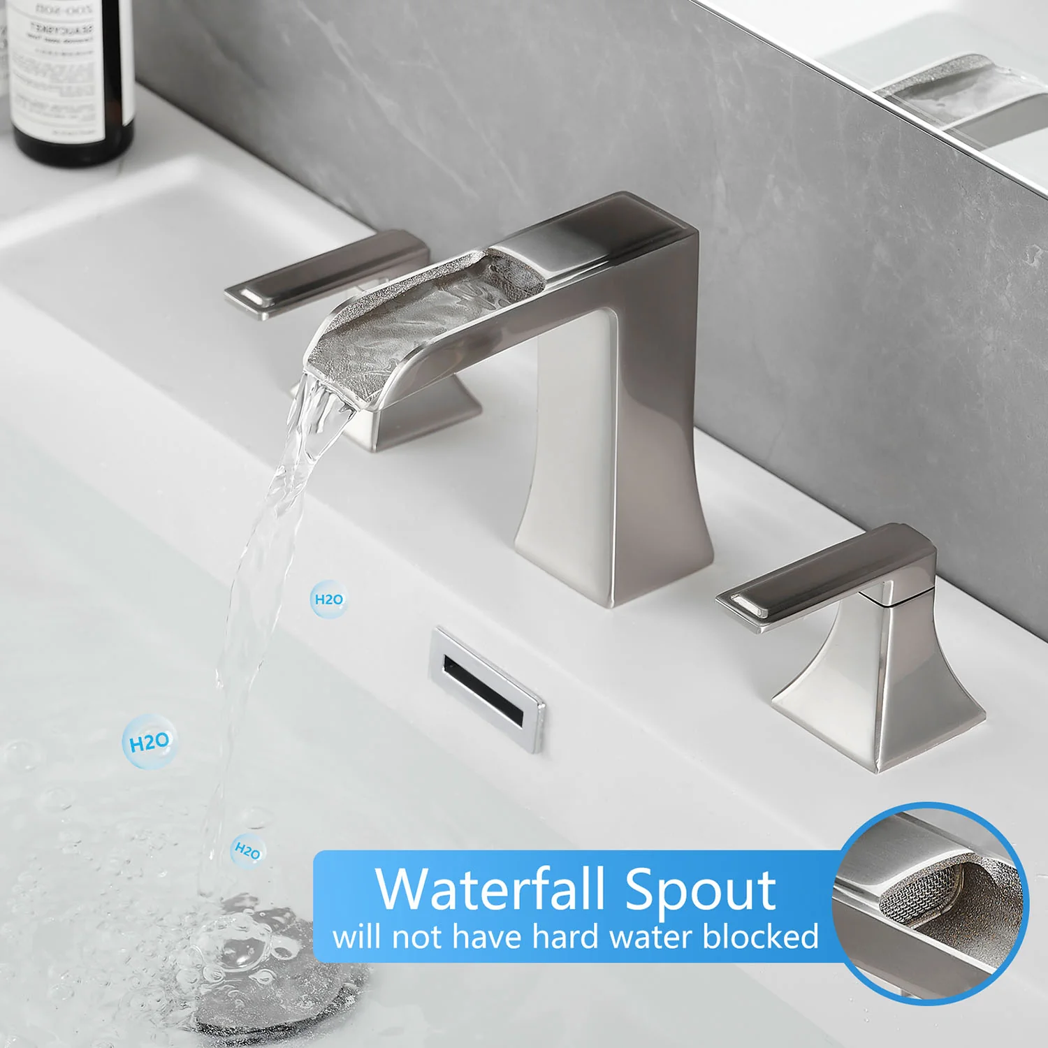 8 Inch 3 Hole Brushed Nickel Waterfall Bathroom Faucet with 2 Handle and Pop Up Drain - Image 3