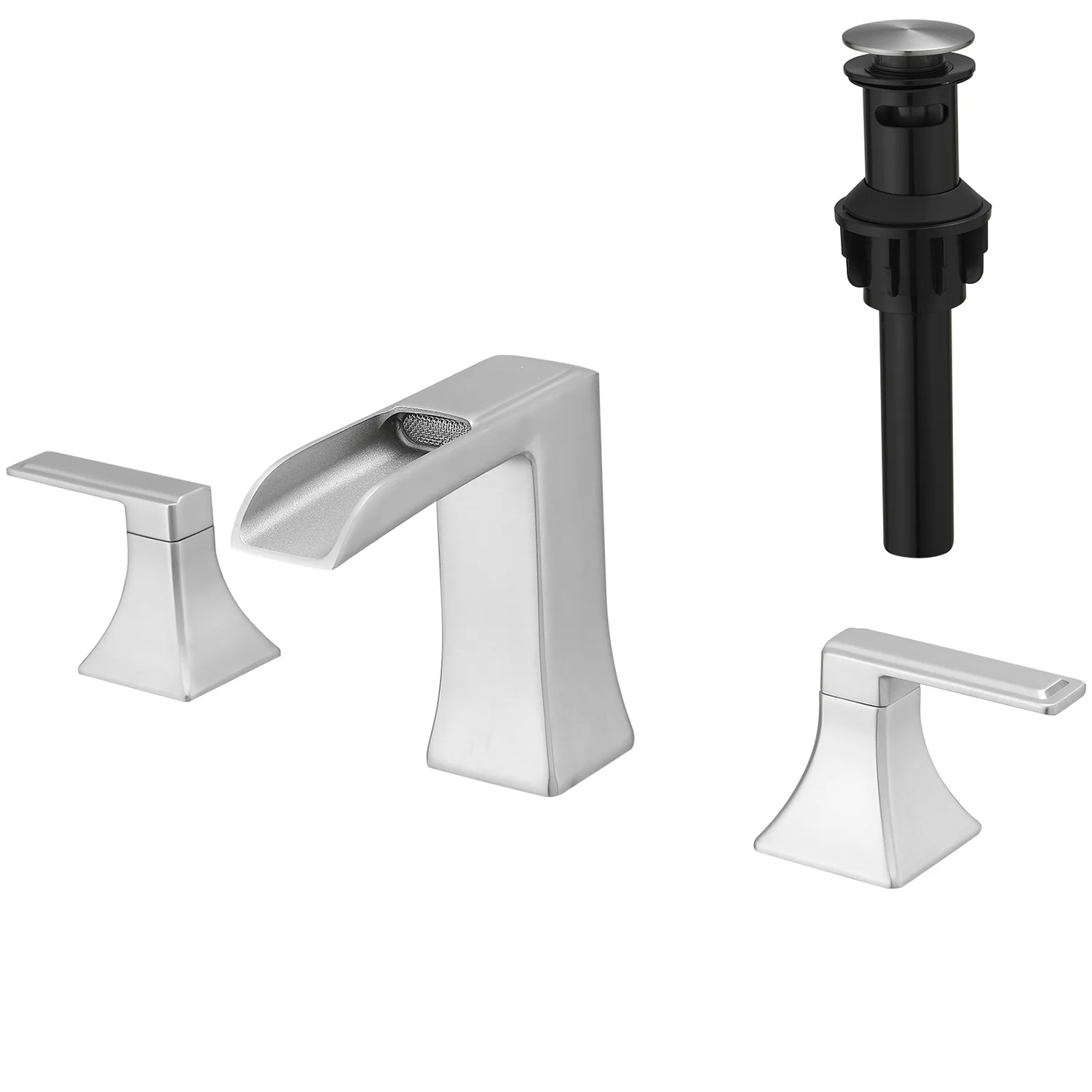 8 Inch 3 Hole Brushed Nickel Waterfall Bathroom Faucet with 2 Handle and Pop Up Drain - Image 5