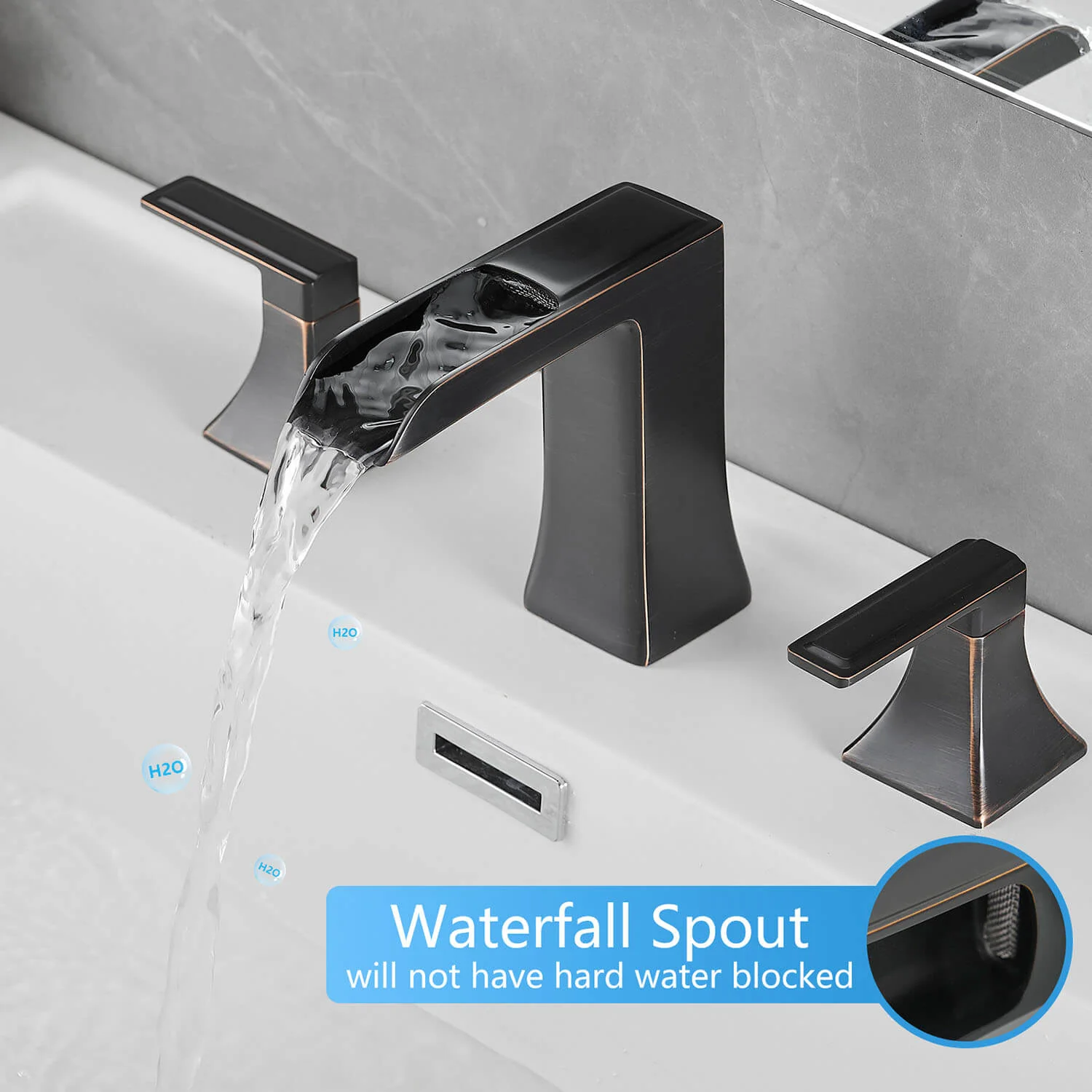 8 Inch 3 Hole Oil Rubbed Bronze Waterfall Bathroom Faucet with 2 Handle and Pop Up Drain - Image 3