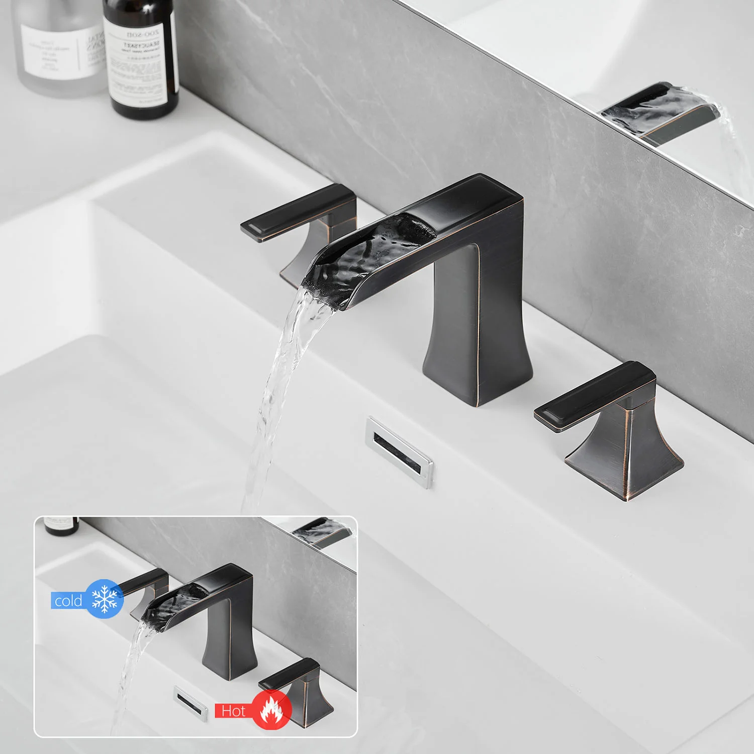 8 Inch 3 Hole Oil Rubbed Bronze Waterfall Bathroom Faucet with 2 Handle and Pop Up Drain - Image 4