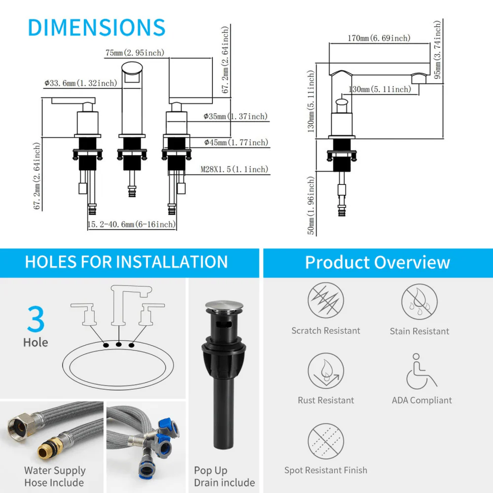 8-Inch Widespread Bathroom Faucet for Sink 3 Hole, 2-Handles with Pop Up Drain - Image 7