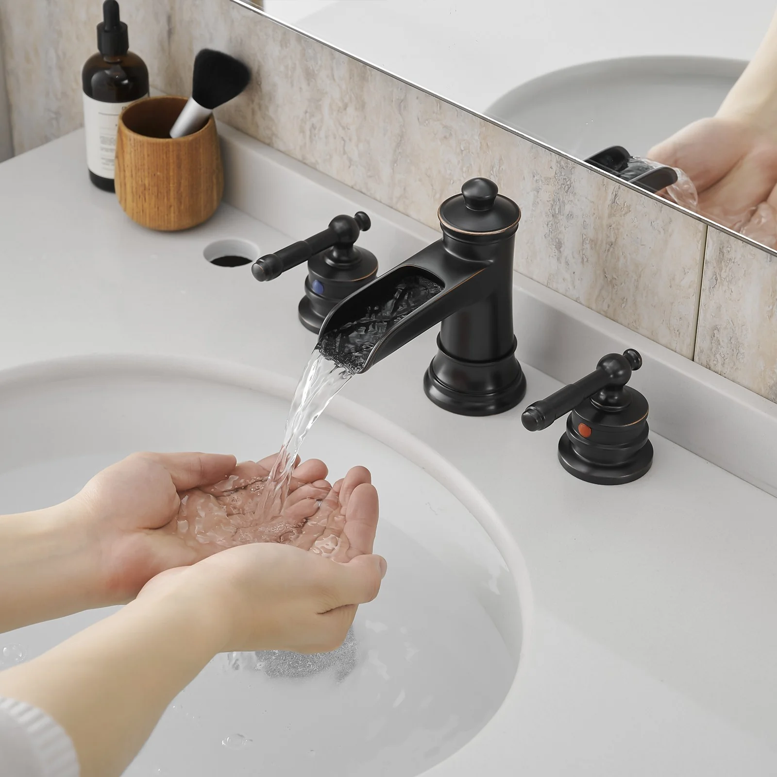 8" Retro Half Hollow-out Waterfall Bathroom Faucet with Pop-Up Drain & Double Handles - Image 13