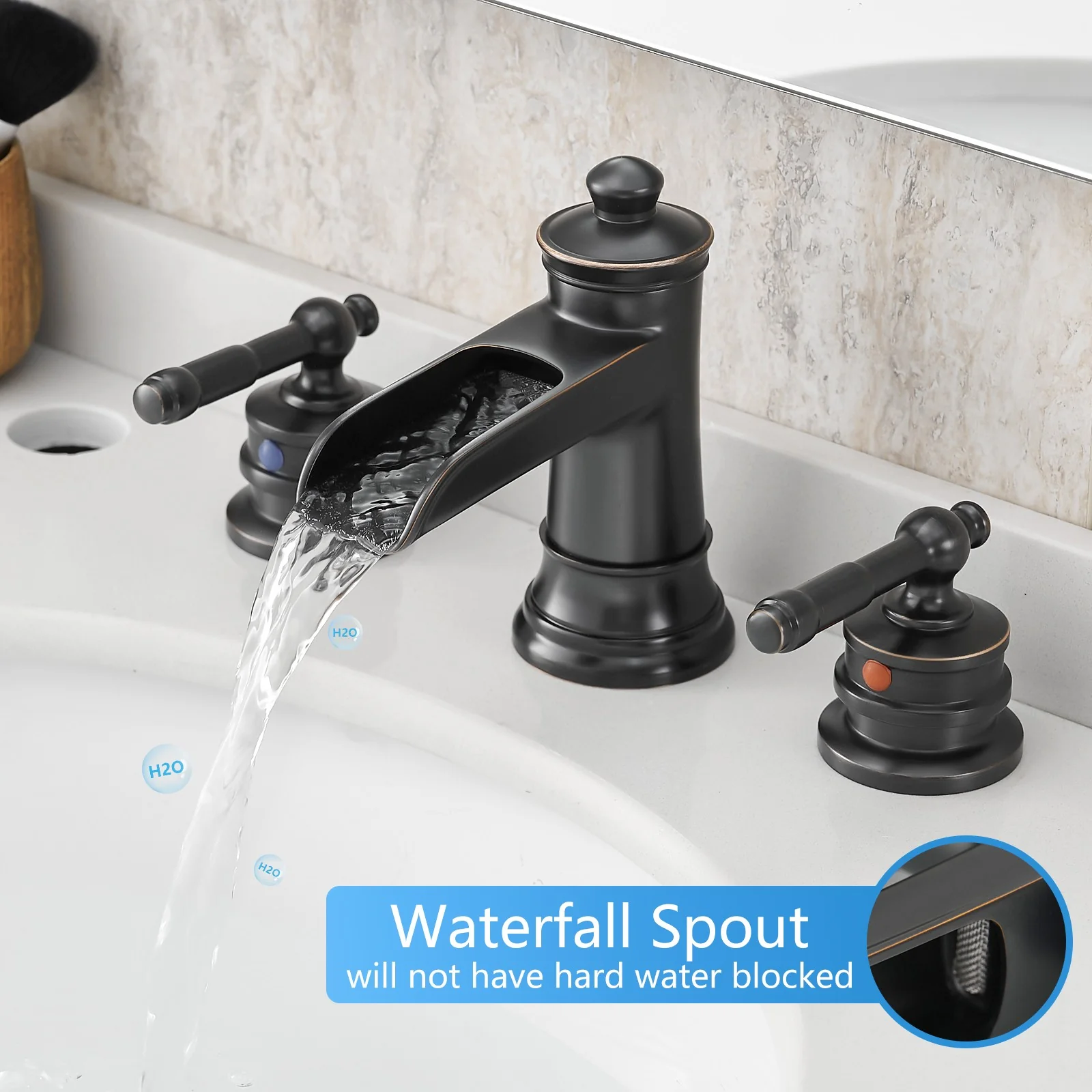 8" Retro Half Hollow-out Waterfall Bathroom Faucet with Pop-Up Drain & Double Handles - Image 15