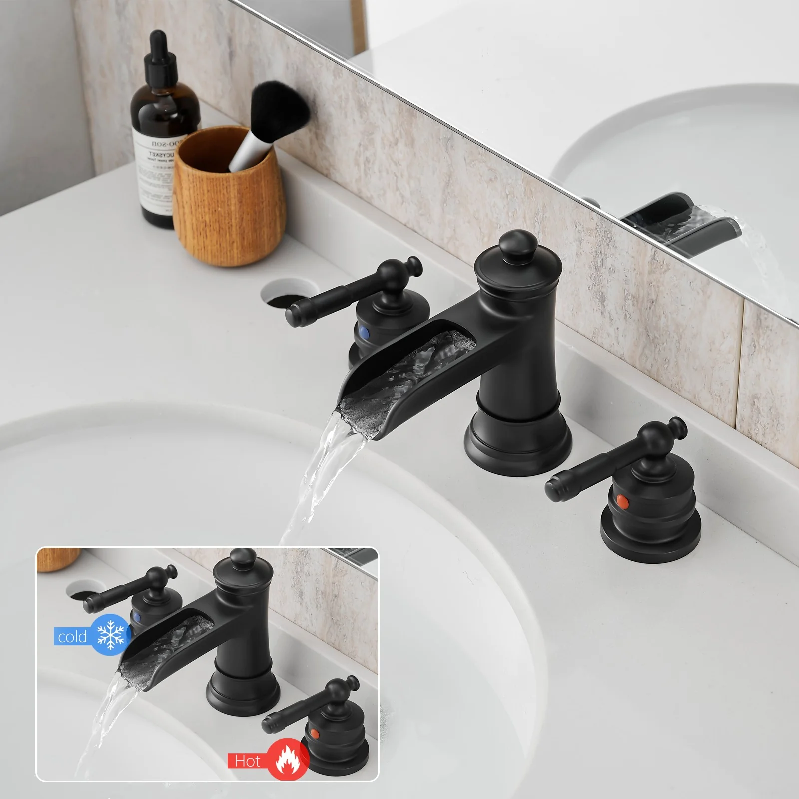 8" Retro Half Hollow-out Waterfall Bathroom Faucet with Pop-Up Drain & Double Handles - Image 22