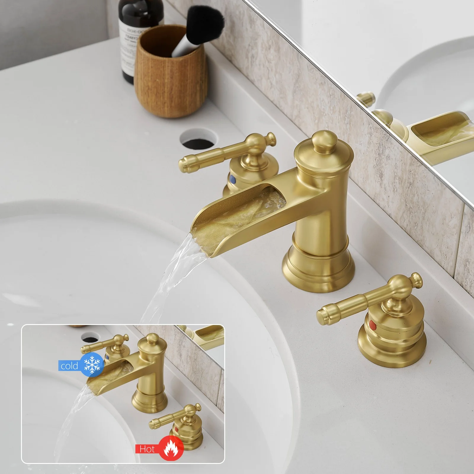 8" Retro Half Hollow-out Waterfall Bathroom Faucet with Pop-Up Drain & Double Handles - Image 4