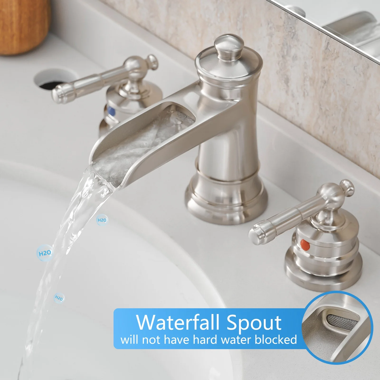 8" Retro Half Hollow-out Waterfall Bathroom Faucet with Pop-Up Drain & Double Handles - Image 9