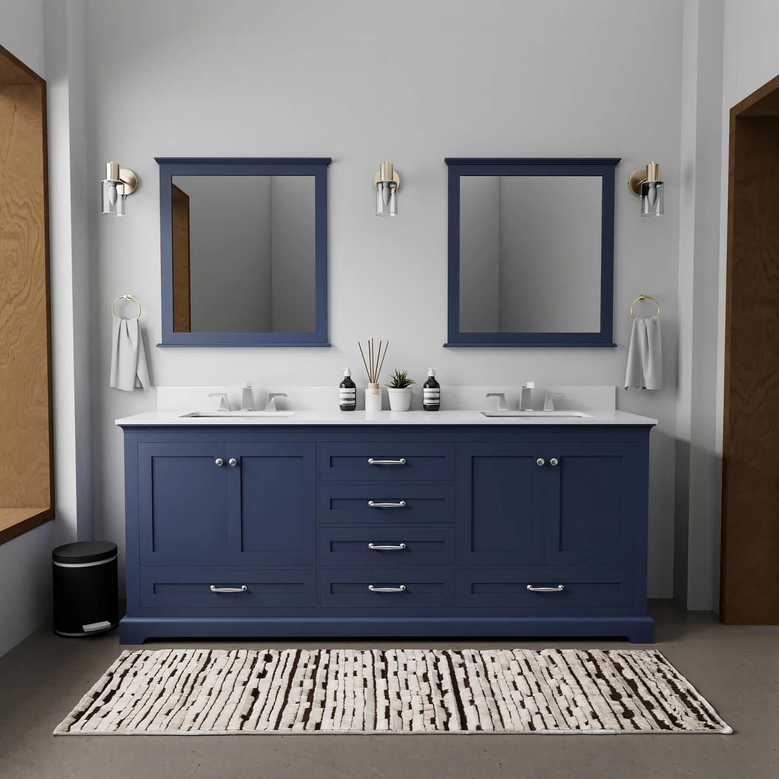 80" Blue Vanity with White Quartz Top and Backsplash