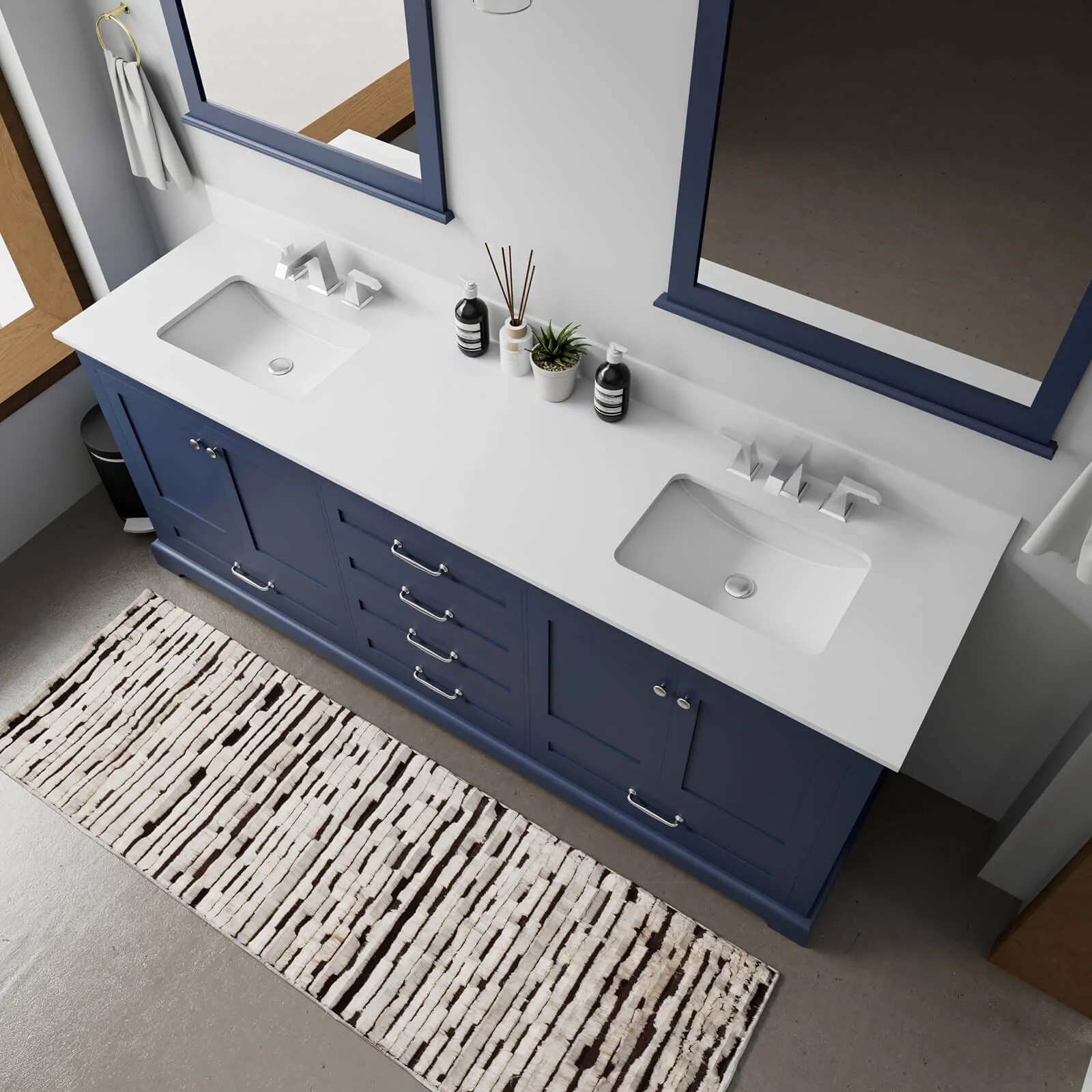 80" Blue Vanity with White Quartz Top and Backsplash - Image 3