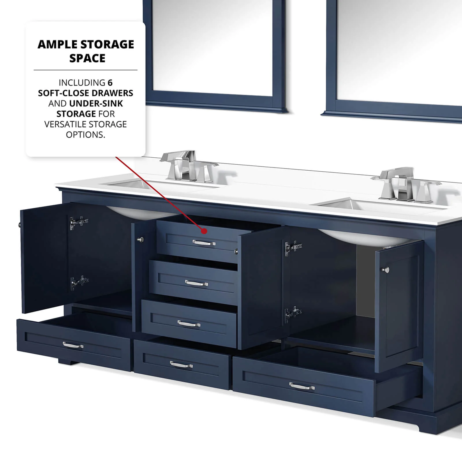 80" Blue Vanity with White Quartz Top and Backsplash - Image 6