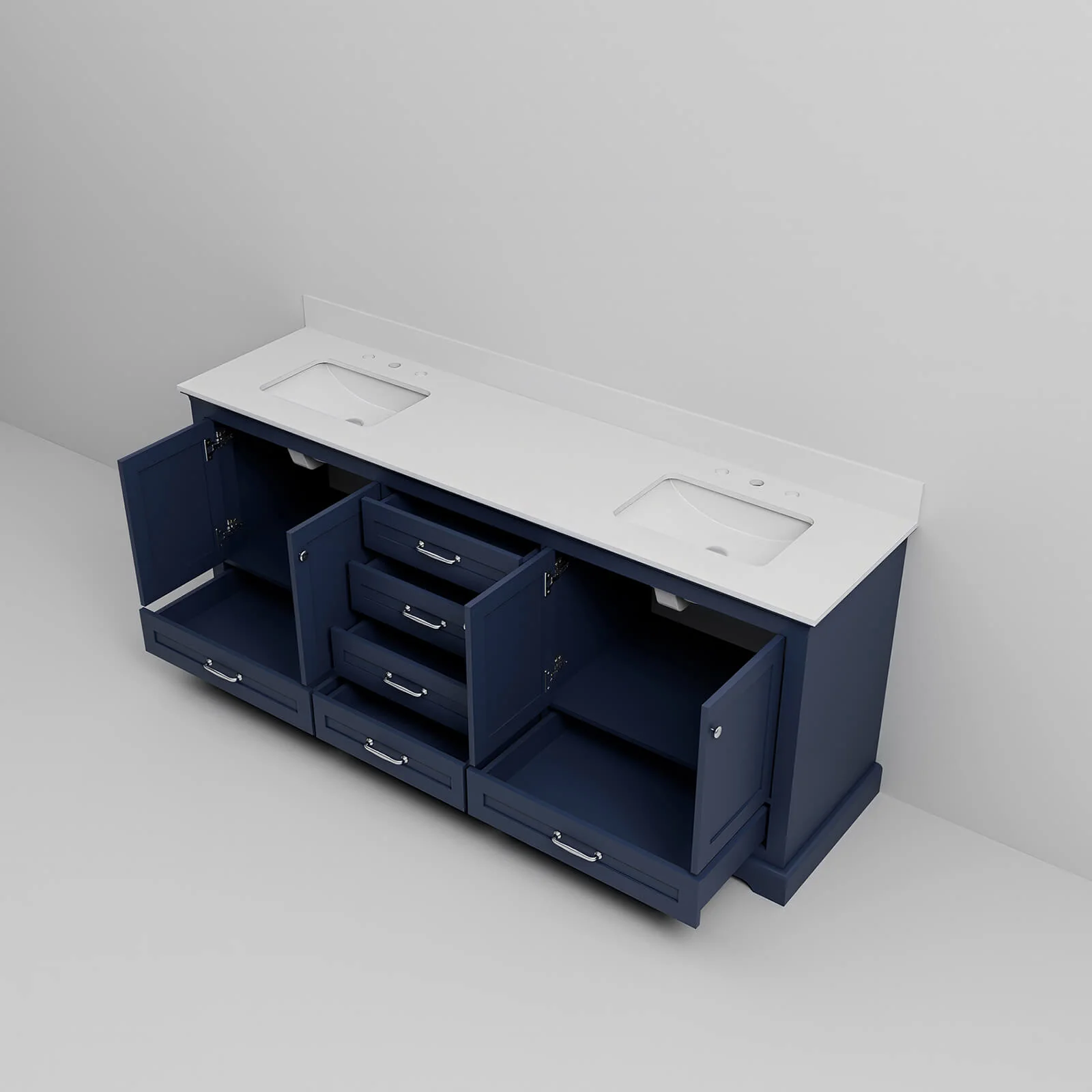 80" Blue Vanity with White Quartz Top and Backsplash - Image 9