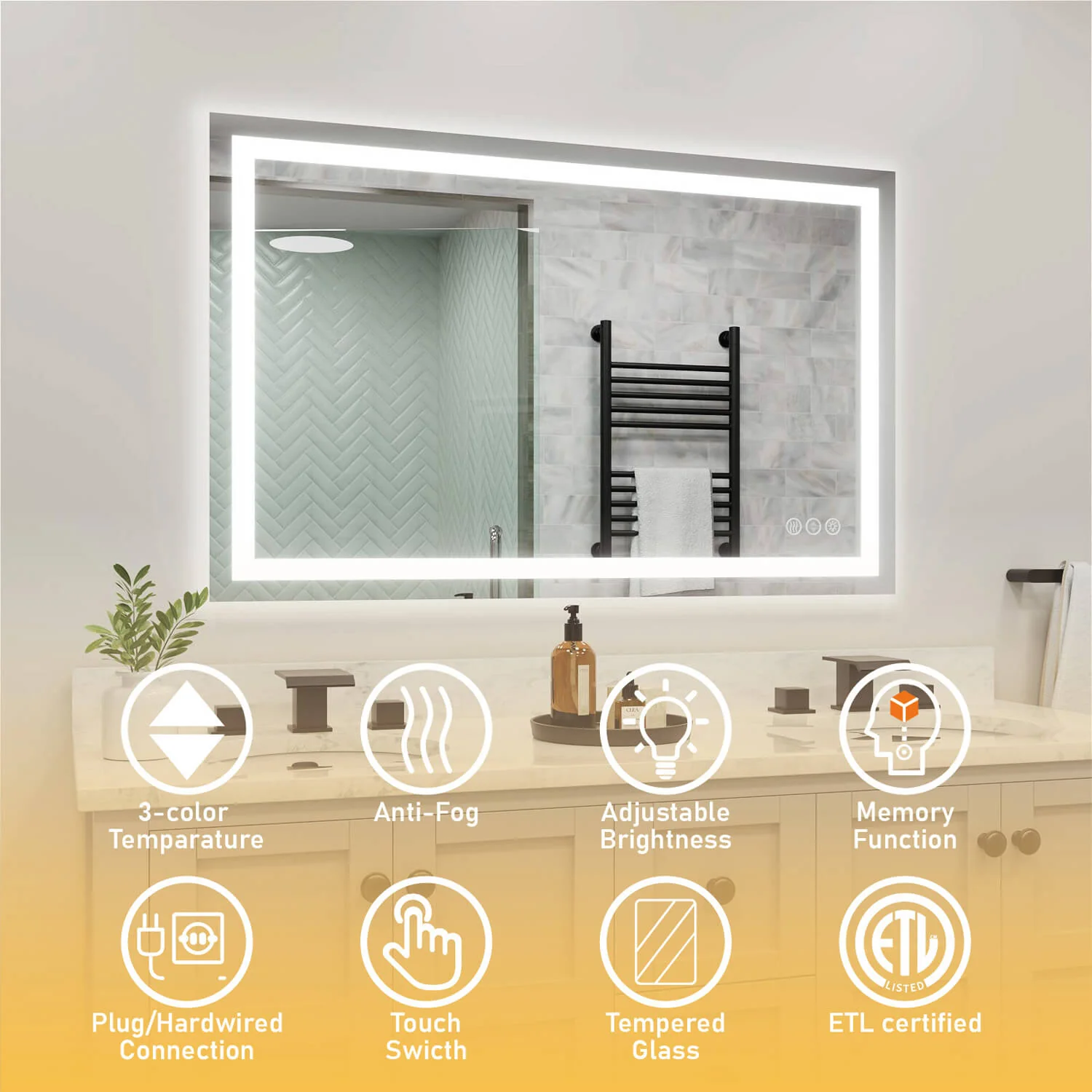 36 in. W x 24 in. H LED Light Bathroom Vanity Mirror Large Rectangular Frameless Anti Fog - Image 5