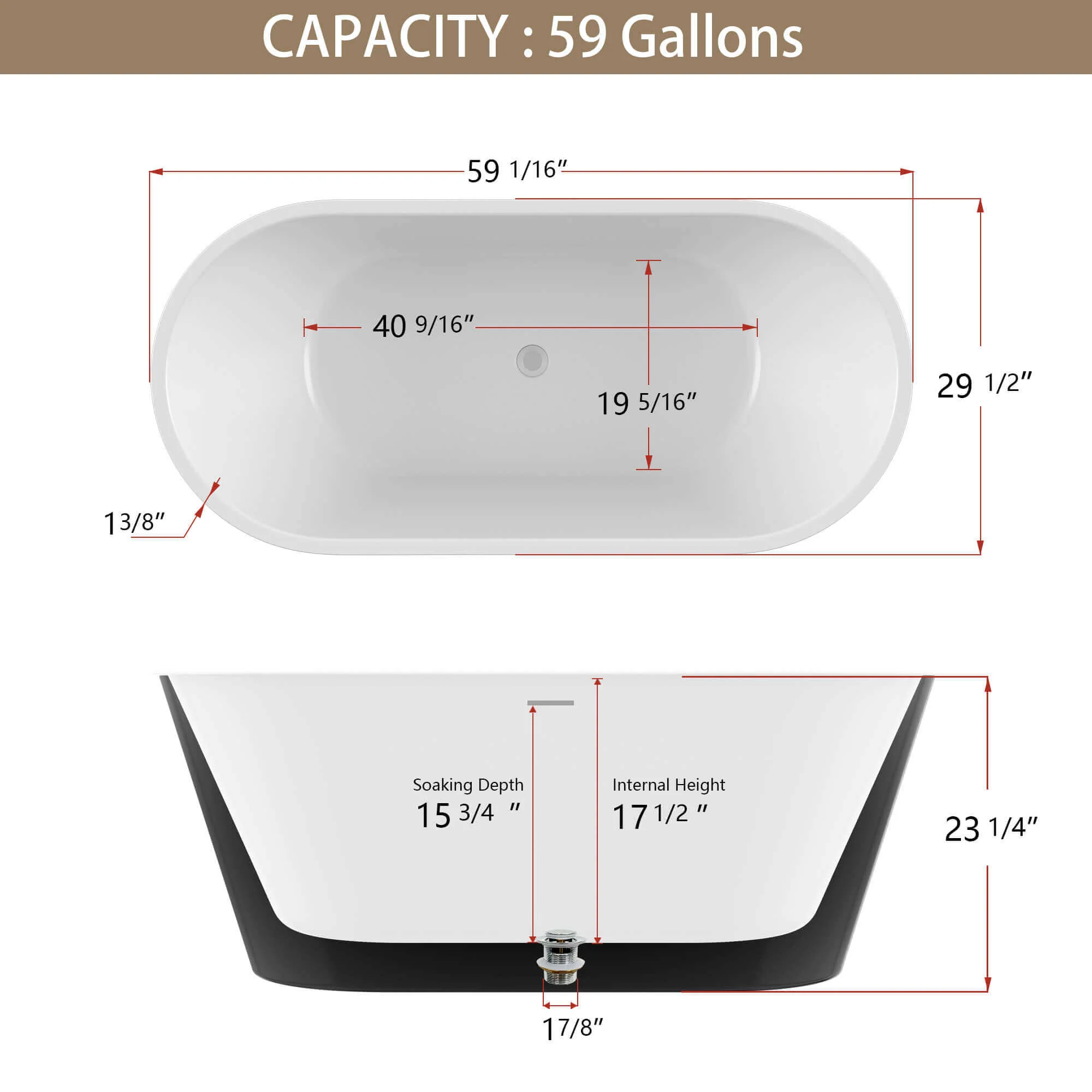 59" Acrylic Tub with Pop-Up Drain and Center Overflow Outlet - Image 14