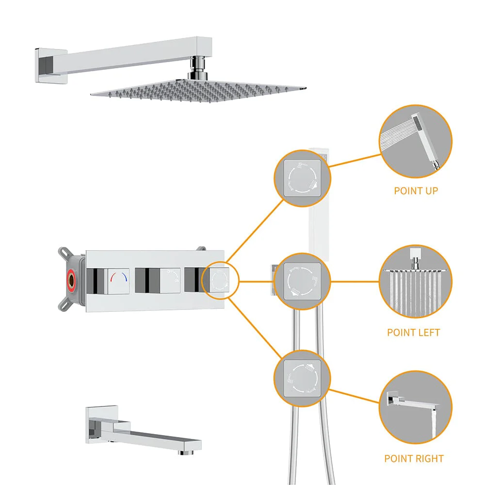 Bathroom 12" Square Wall Mounted Shower Set with Hand Shower & Tub Spout - Image 23