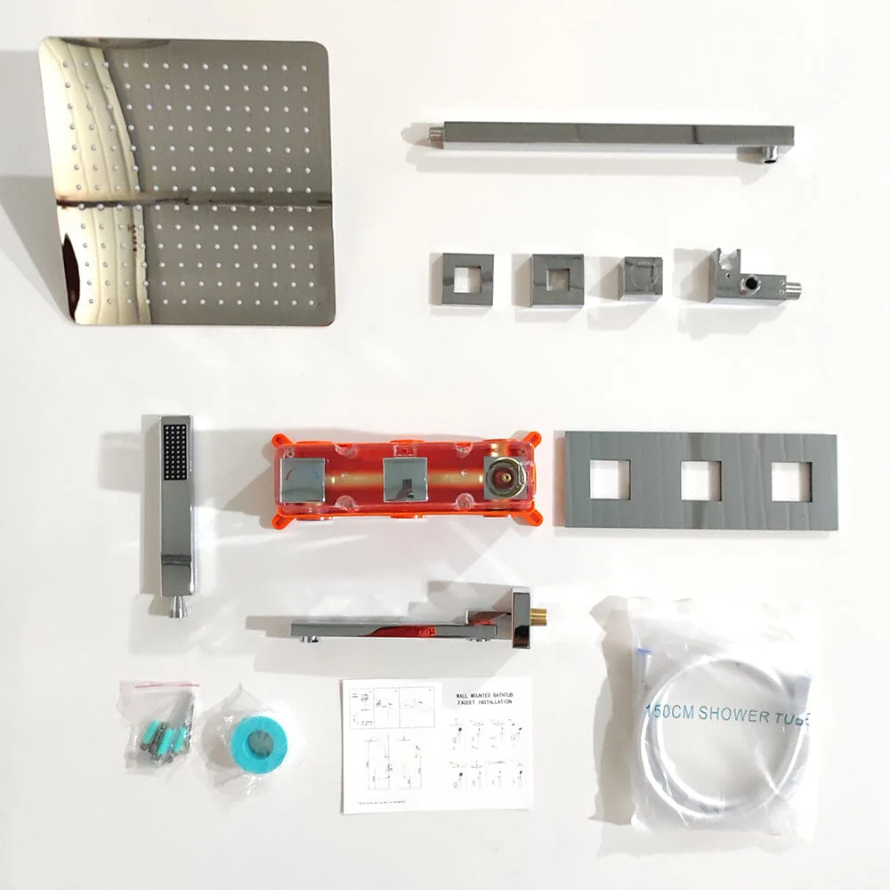 Bathroom 12" Square Wall Mounted Shower Set with Hand Shower & Tub Spout - Image 29
