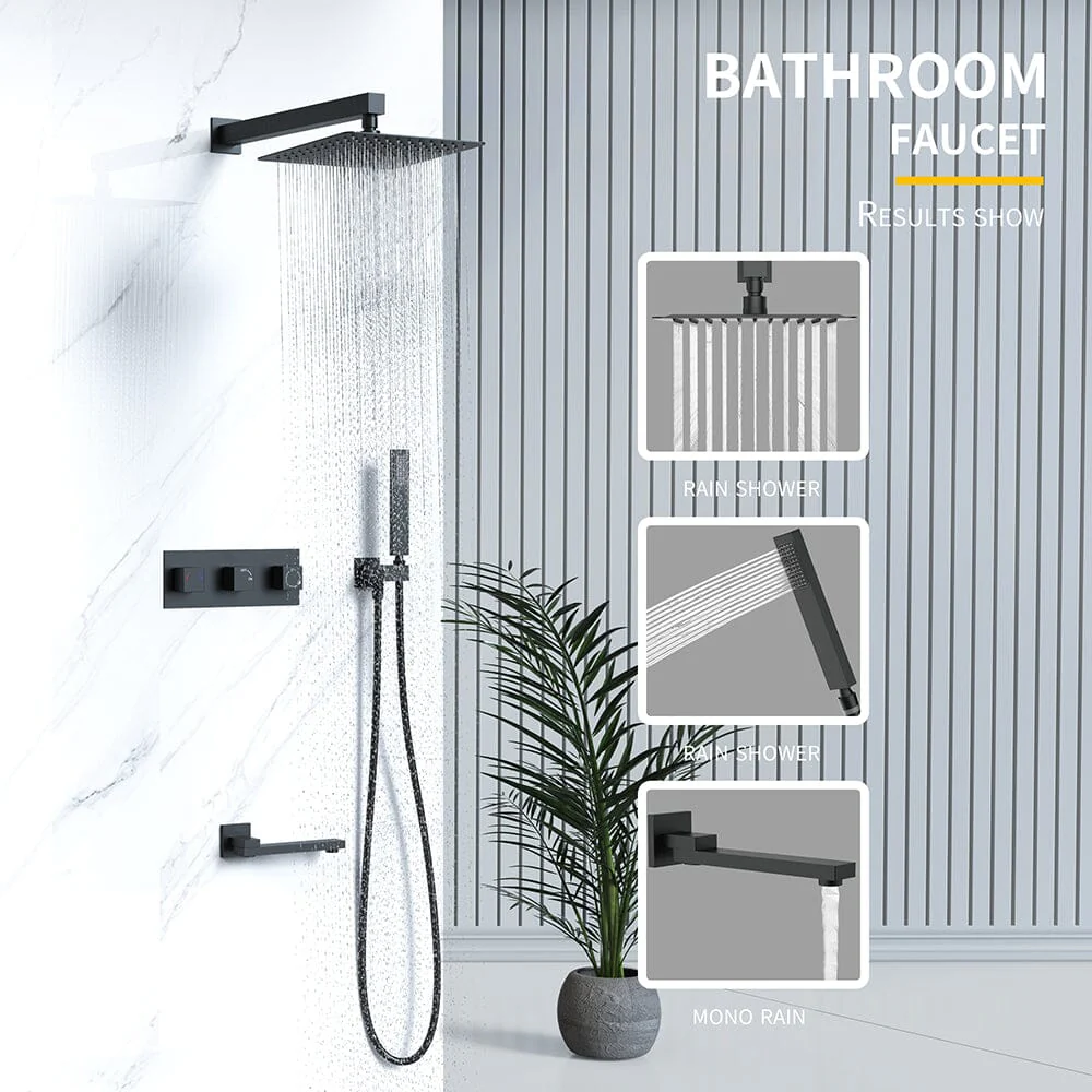 Bathroom 12" Square Wall Mounted Shower Set with Hand Shower & Tub Spout - Image 35