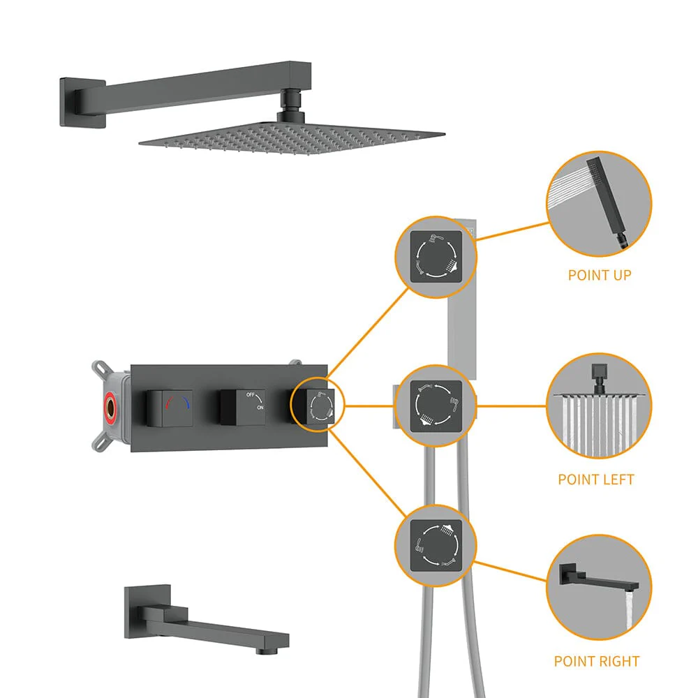 Bathroom 12" Square Wall Mounted Shower Set with Hand Shower & Tub Spout - Image 38