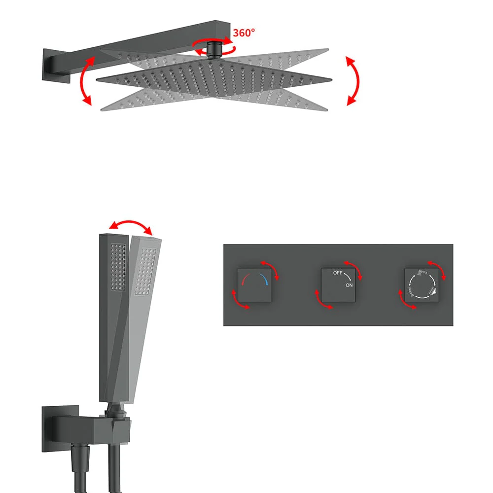 Bathroom 12" Square Wall Mounted Shower Set with Hand Shower & Tub Spout - Image 39