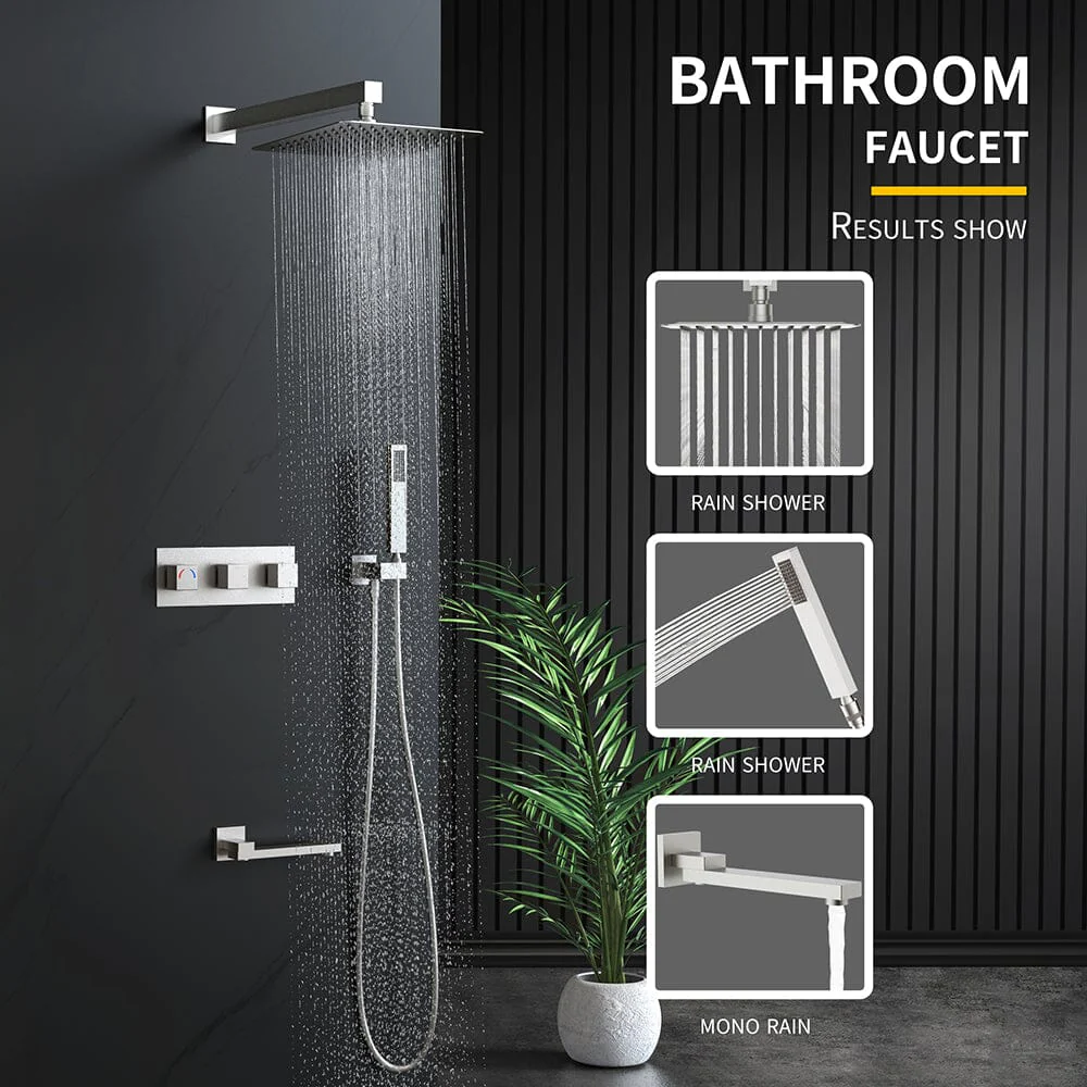 Bathroom 12" Square Wall Mounted Shower Set with Hand Shower & Tub Spout - Image 5