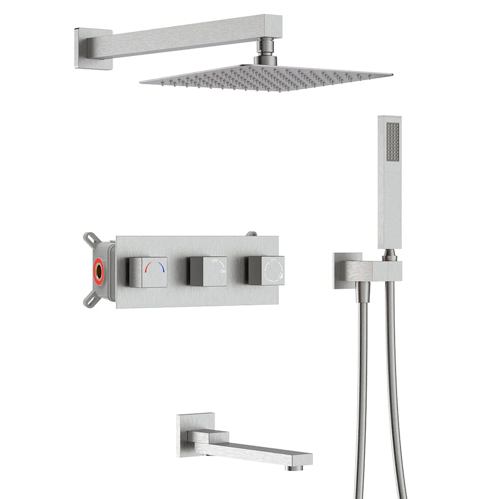Bathroom 12" Square Wall Mounted Shower Set with Hand Shower & Tub Spout - Image 7