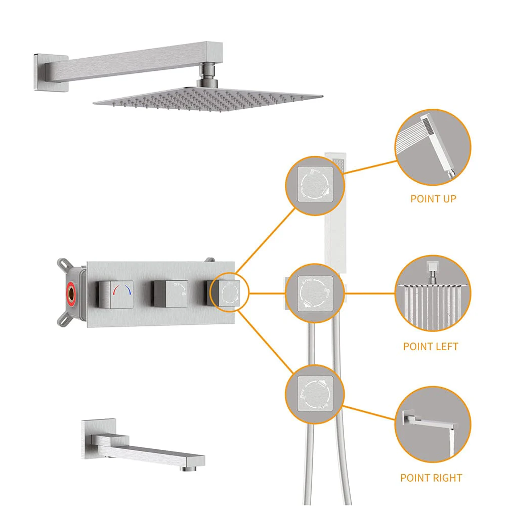 Bathroom 12" Square Wall Mounted Shower Set with Hand Shower & Tub Spout - Image 8