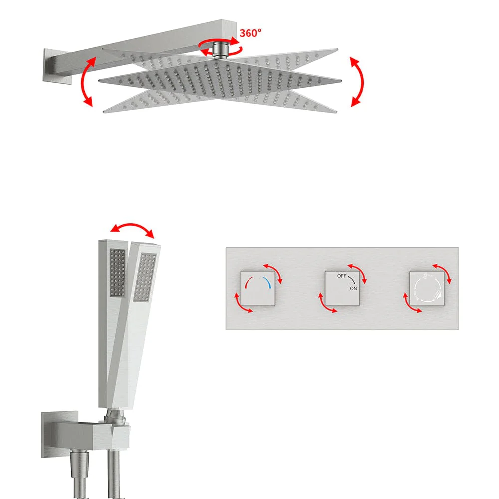 Bathroom 12" Square Wall Mounted Shower Set with Hand Shower & Tub Spout - Image 9