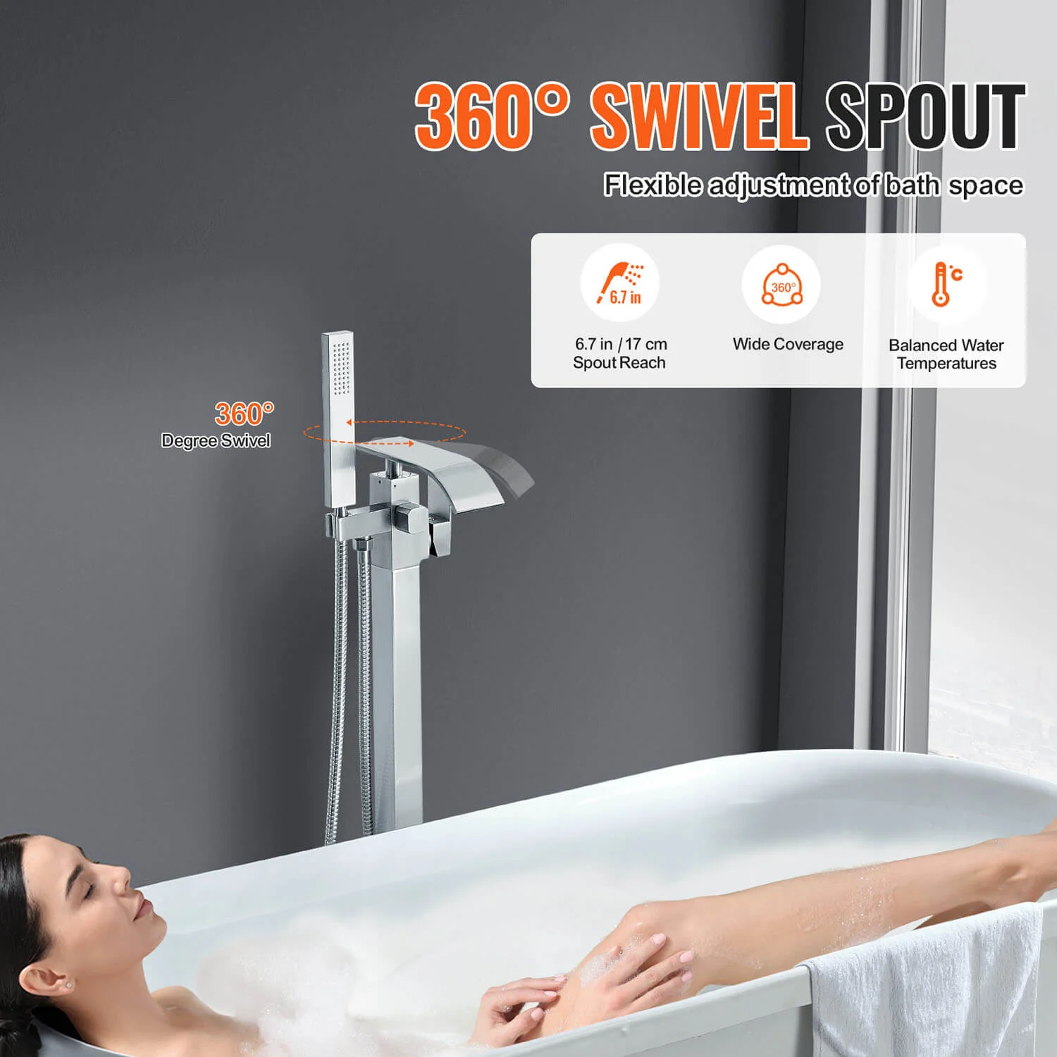 Bathroom Freestanding Tub Filler Faucet with Hand Shower Silver - Image 2