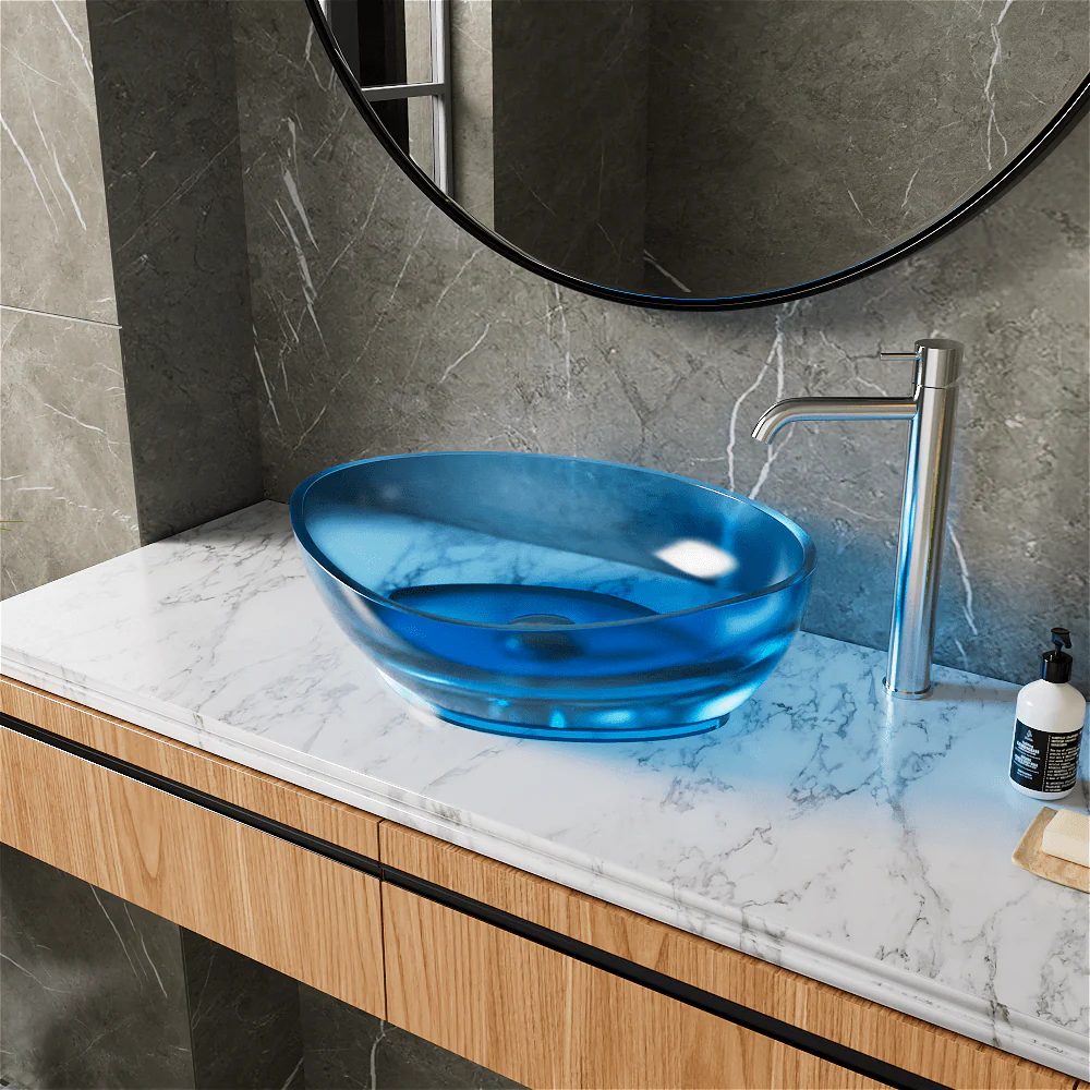 20''x14'' Bathroom Sink Art Translucent Stone Resin Oval Vessel with Drainpipe - Image 10