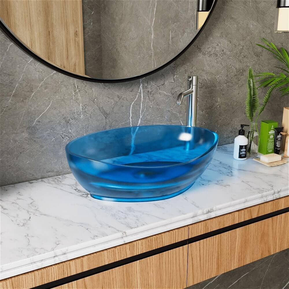 20''x14'' Bathroom Sink Art Translucent Stone Resin Oval Vessel with Drainpipe - Image 11
