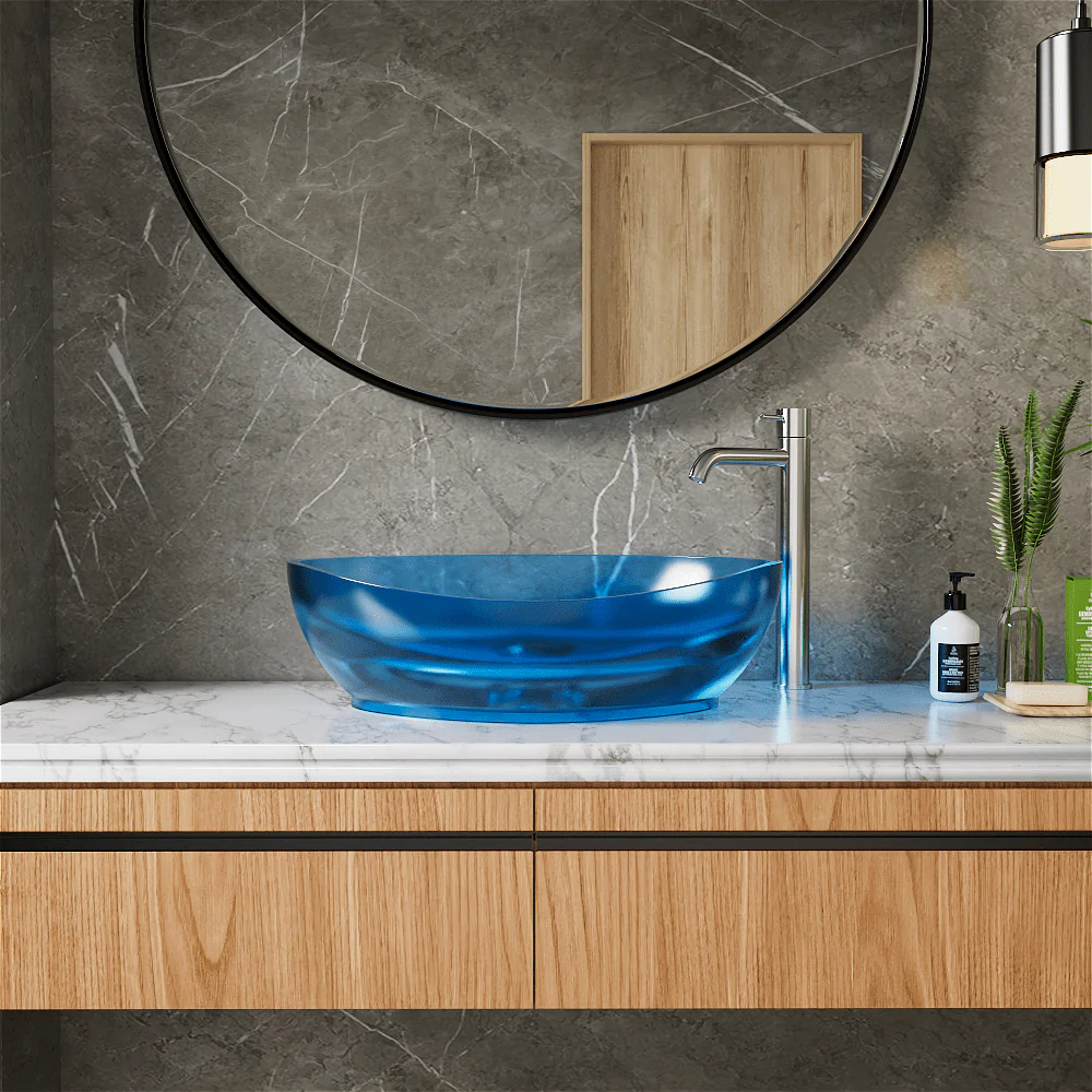 20''x14'' Bathroom Sink Art Translucent Stone Resin Oval Vessel with Drainpipe - Image 12
