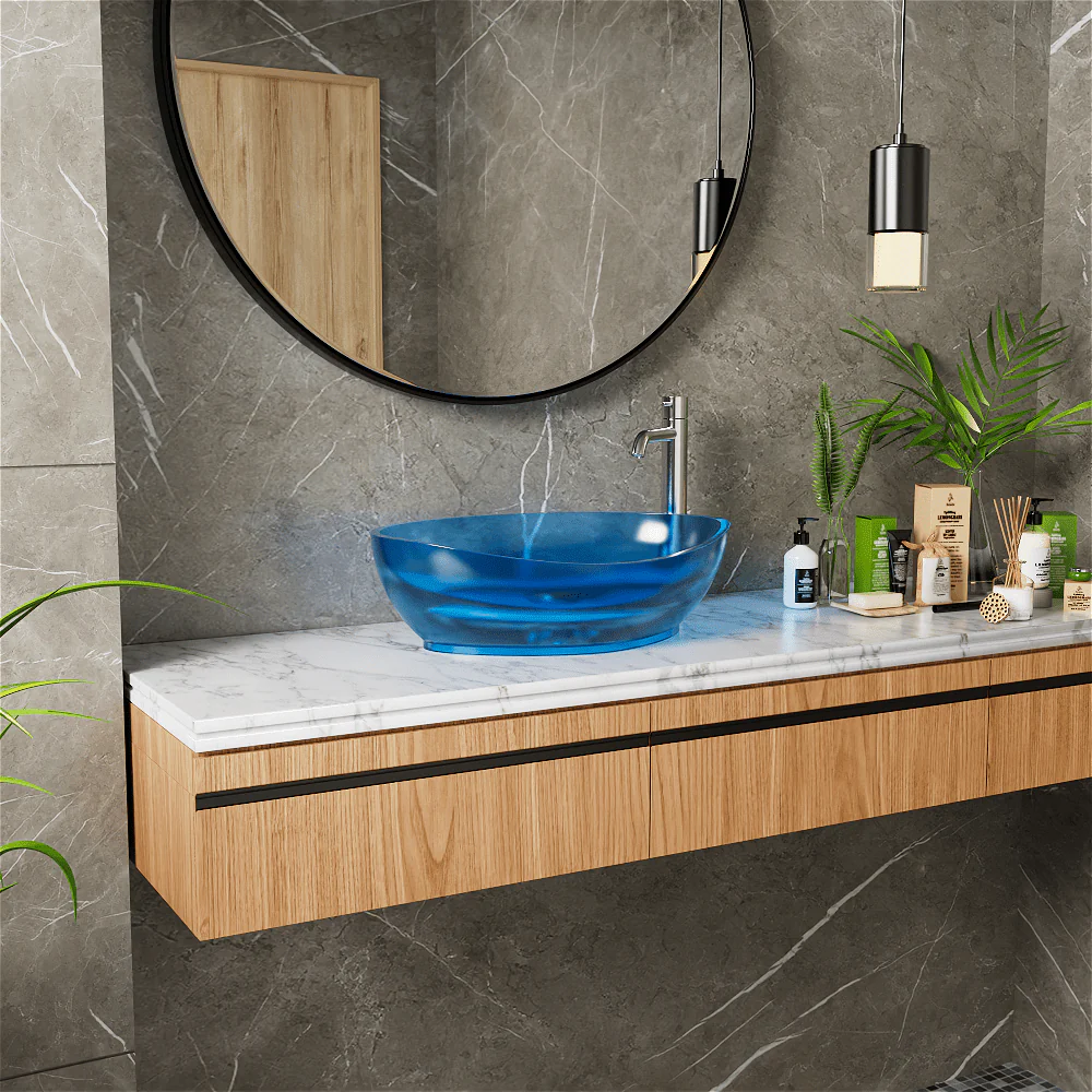 20''x14'' Bathroom Sink Art Translucent Stone Resin Oval Vessel with Drainpipe - Image 13