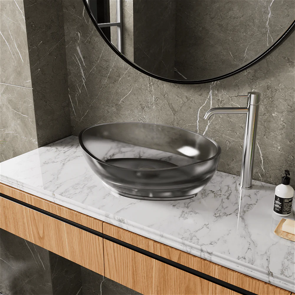 20''x14'' Bathroom Sink Art Translucent Stone Resin Oval Vessel with Drainpipe - Image 18