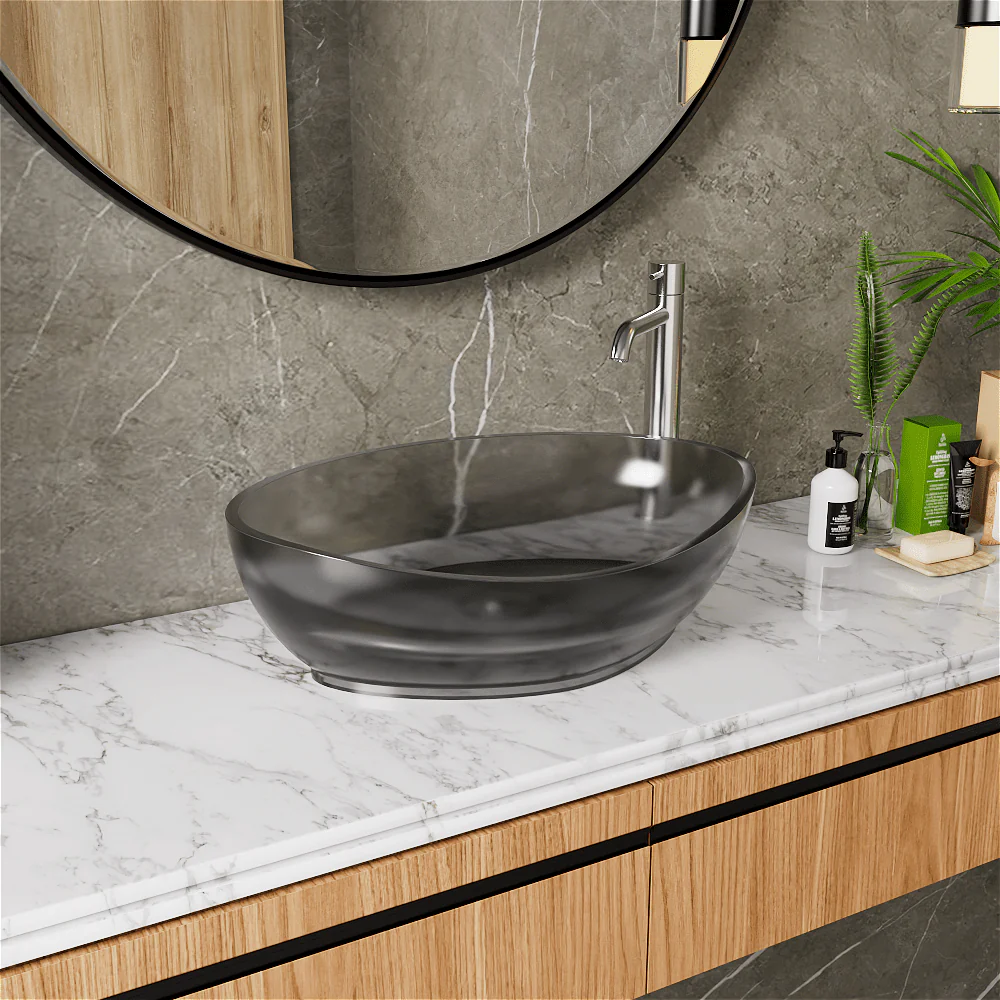 20''x14'' Bathroom Sink Art Translucent Stone Resin Oval Vessel with Drainpipe - Image 19