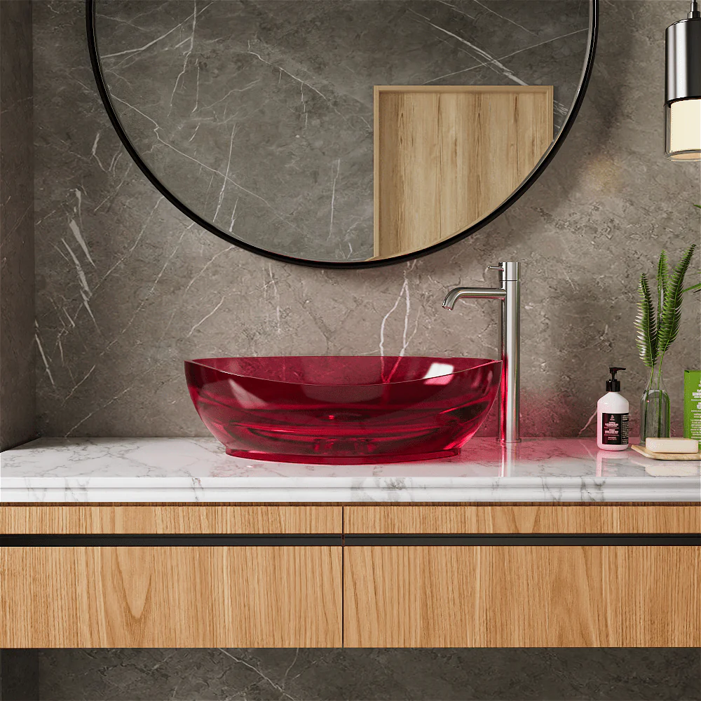 20''x14'' Bathroom Sink Art Translucent Stone Resin Oval Vessel with Drainpipe - Image 3
