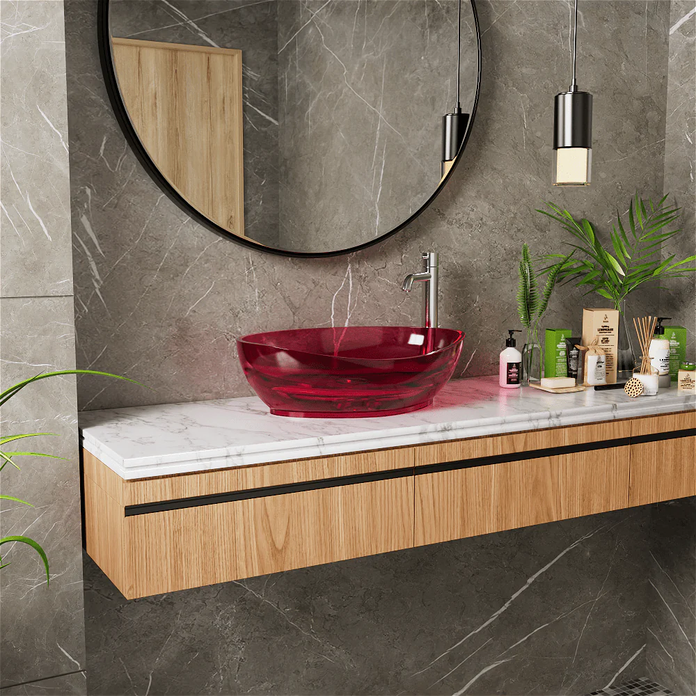 20''x14'' Bathroom Sink Art Translucent Stone Resin Oval Vessel with Drainpipe - Image 4