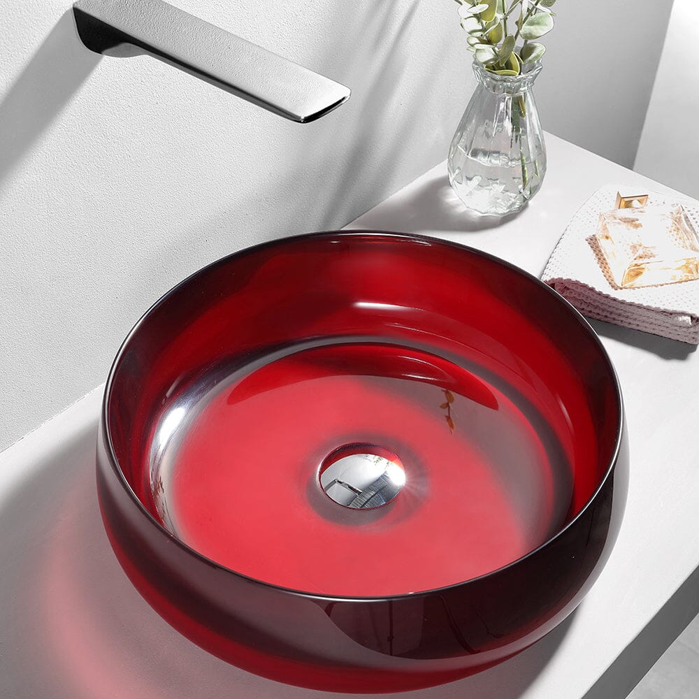 Bathroom Sink Transparent Red Stone Resin 15.75'' Round Vessel with Pop-up Drain