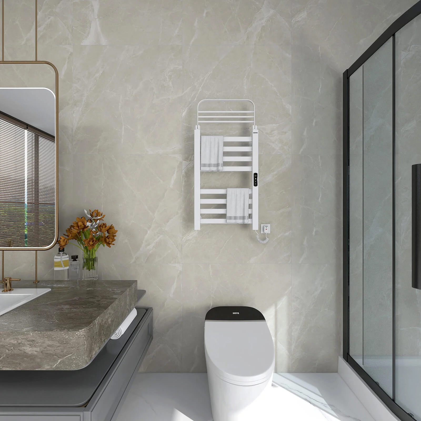 Bathroom Wall Mounted Flat 8 Bar Smart Heated Towel Rack with Top Shelf - Image 5