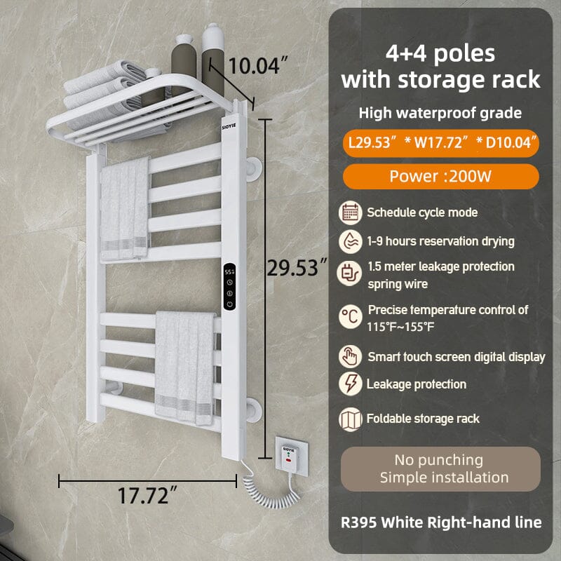 Bathroom Wall Mounted Flat 8 Bar Smart Heated Towel Rack with Top Shelf - Image 6