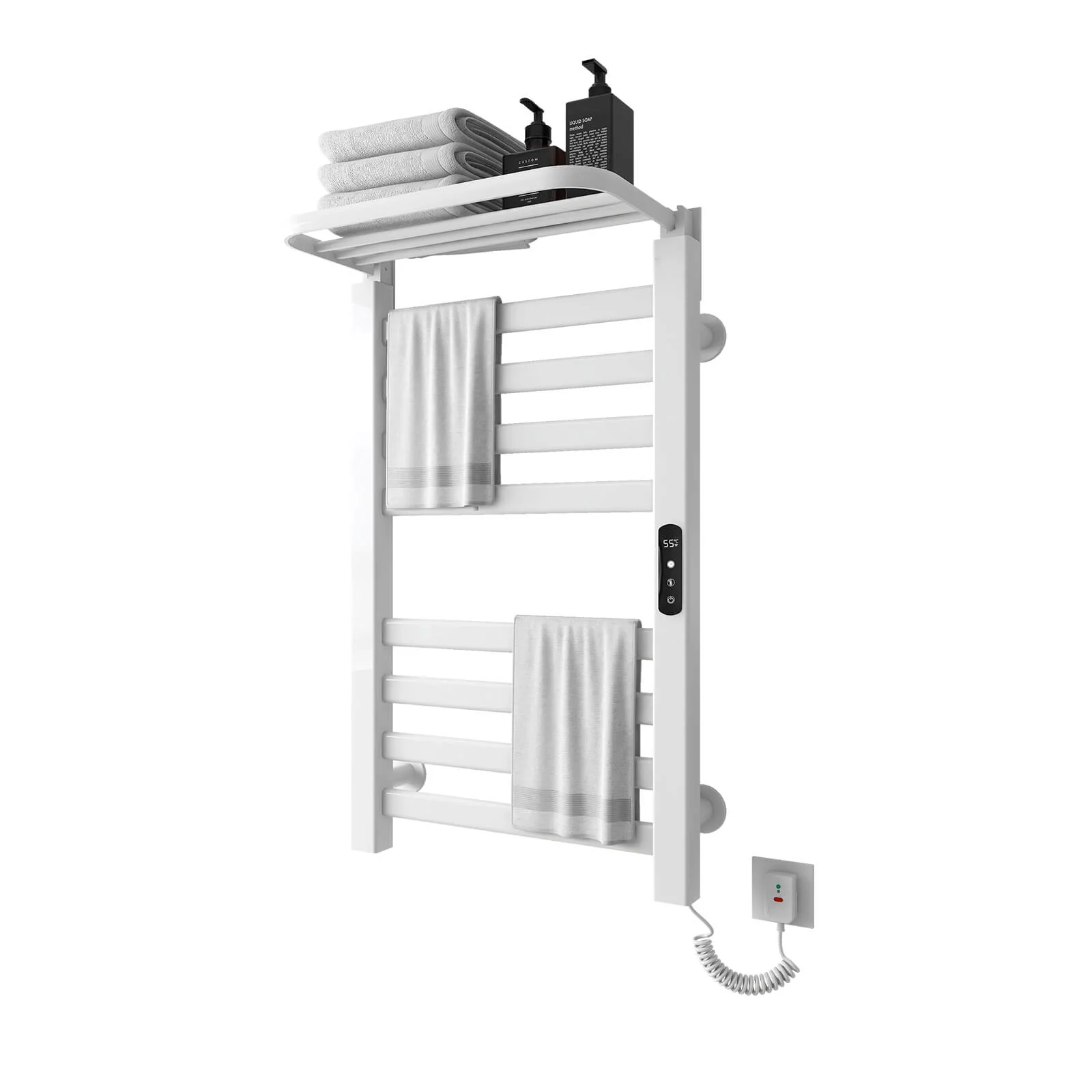 Bathroom Wall Mounted Flat 8 Bar Smart Heated Towel Rack with Top Shelf - Image 8