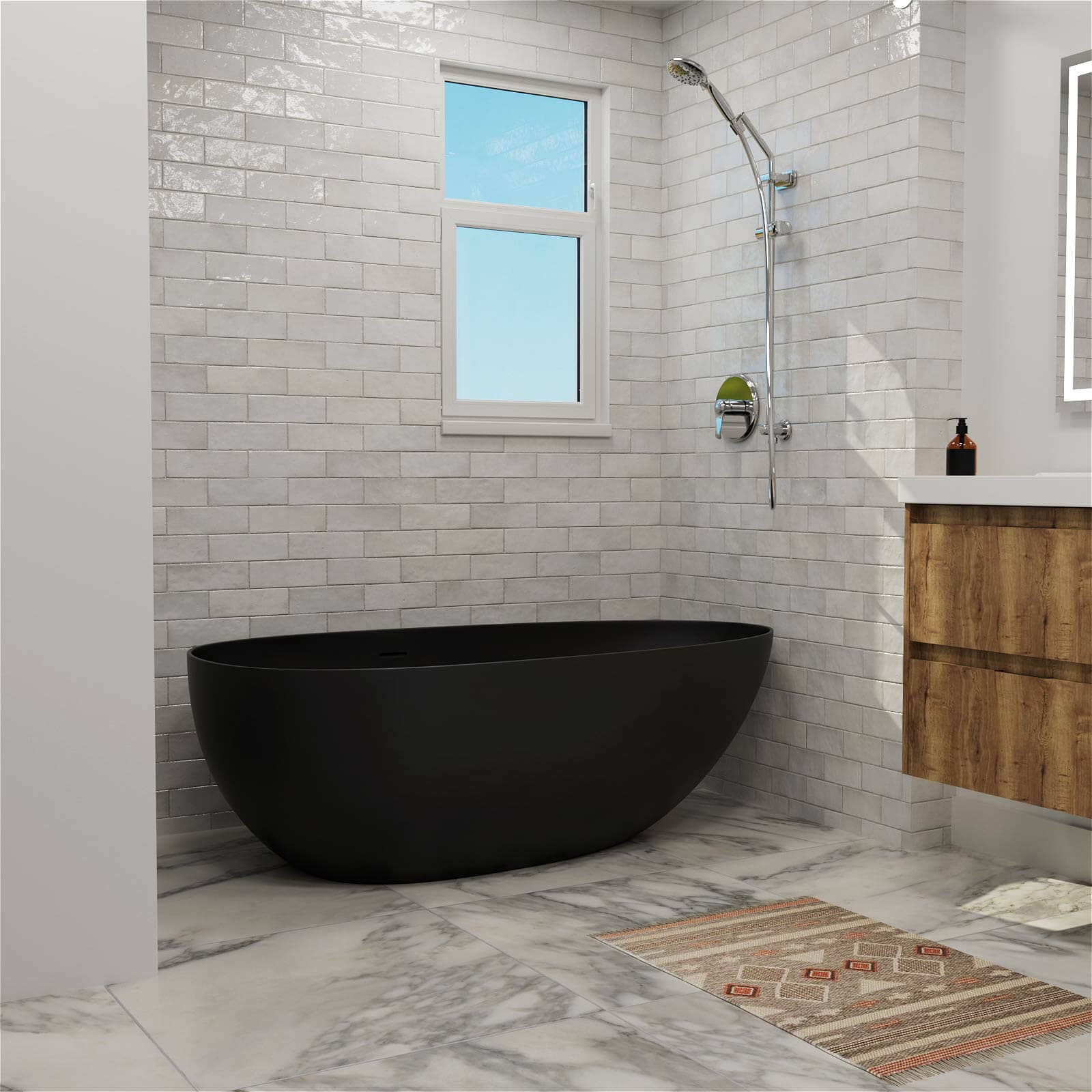 59"/67" Black Bathtub Egg Shaped Solid Surface freestanding Soaking Tub - Image 14
