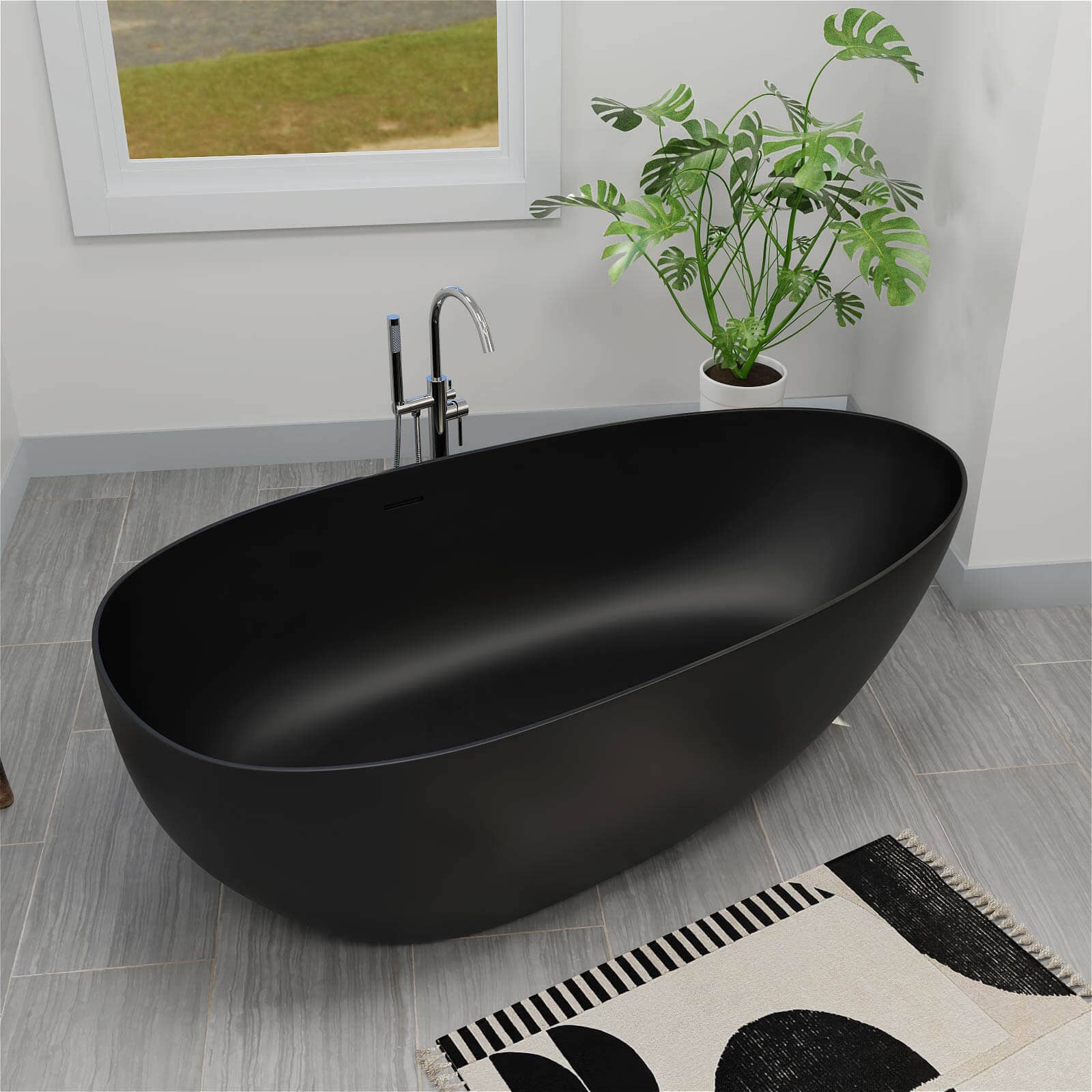 59"/67" Black Bathtub Egg Shaped Solid Surface freestanding Soaking Tub - Image 2