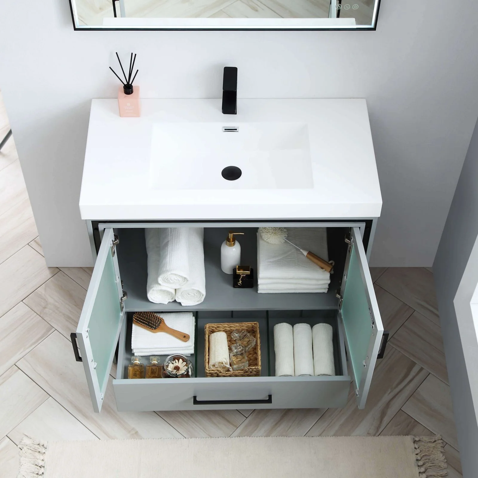 Blossom Birmingham 36" Freestanding Vanity Base - 2 Doors & 1 Drawer, Metal Gray & Glossy White - Image 4