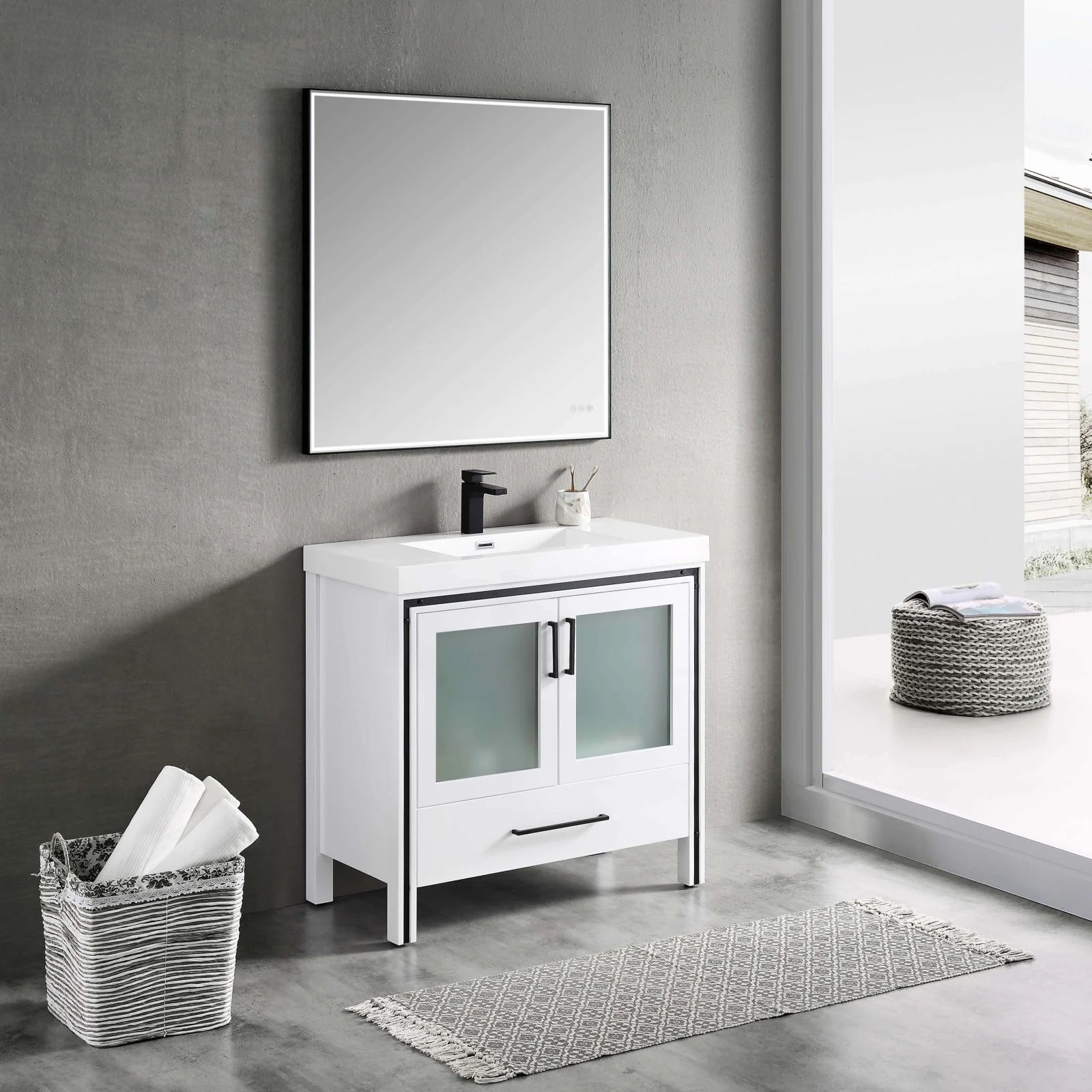 Blossom Birmingham 36" Freestanding Vanity Base - 2 Doors & 1 Drawer, Metal Gray & Glossy White - Image 7