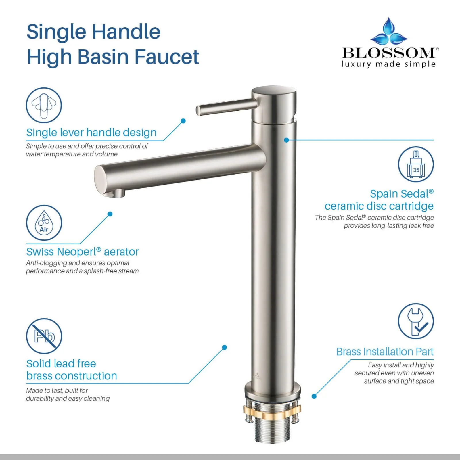 Blossom 7" x 12" Long Cylinder Lever Handle Bathroom Sink Single Hole Faucet - Image 29