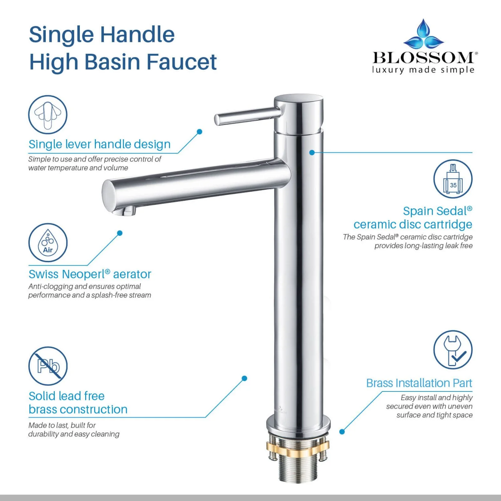 Blossom 7" x 12" Long Cylinder Lever Handle Bathroom Sink Single Hole Faucet - Image 39