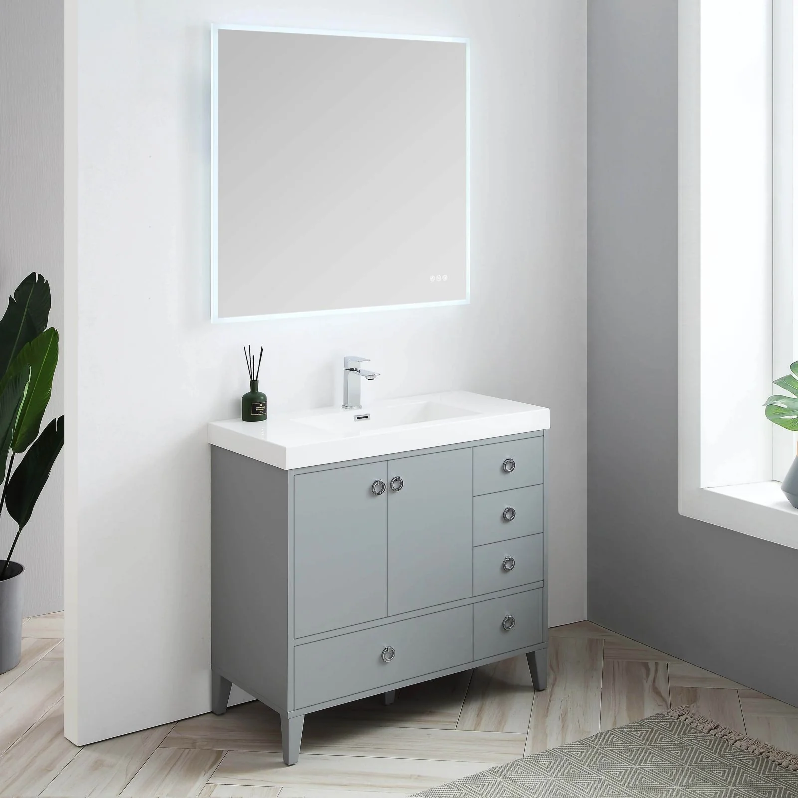 Blossom Lyon 36" 2 Doors & 5 Drawers Freestanding Vanity Base, Matte White & Metal Gray - Image 8